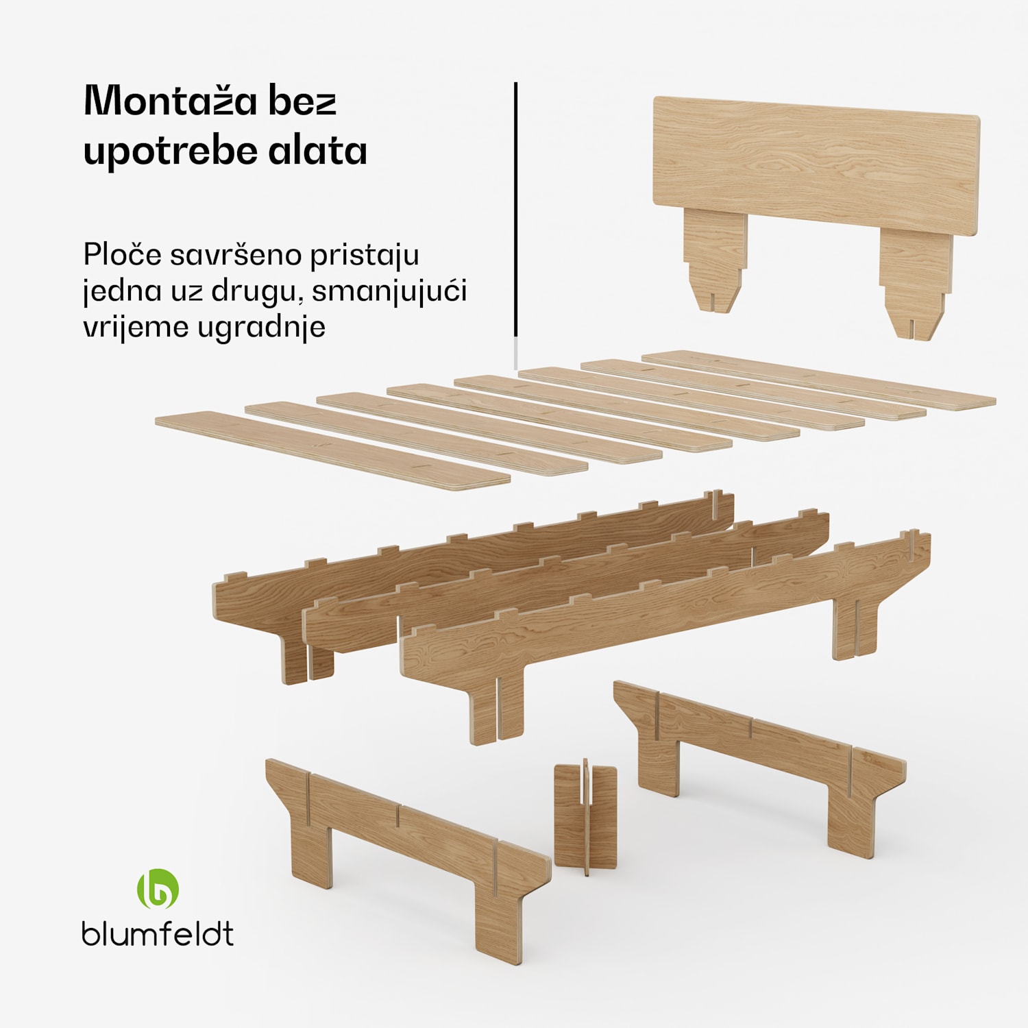NordicAura Dupli okvir bračnog kreveta, 140 cm x 200 cm, robustan, bez alata, drvo eukaliptusa, polica 140 cm | Hrast