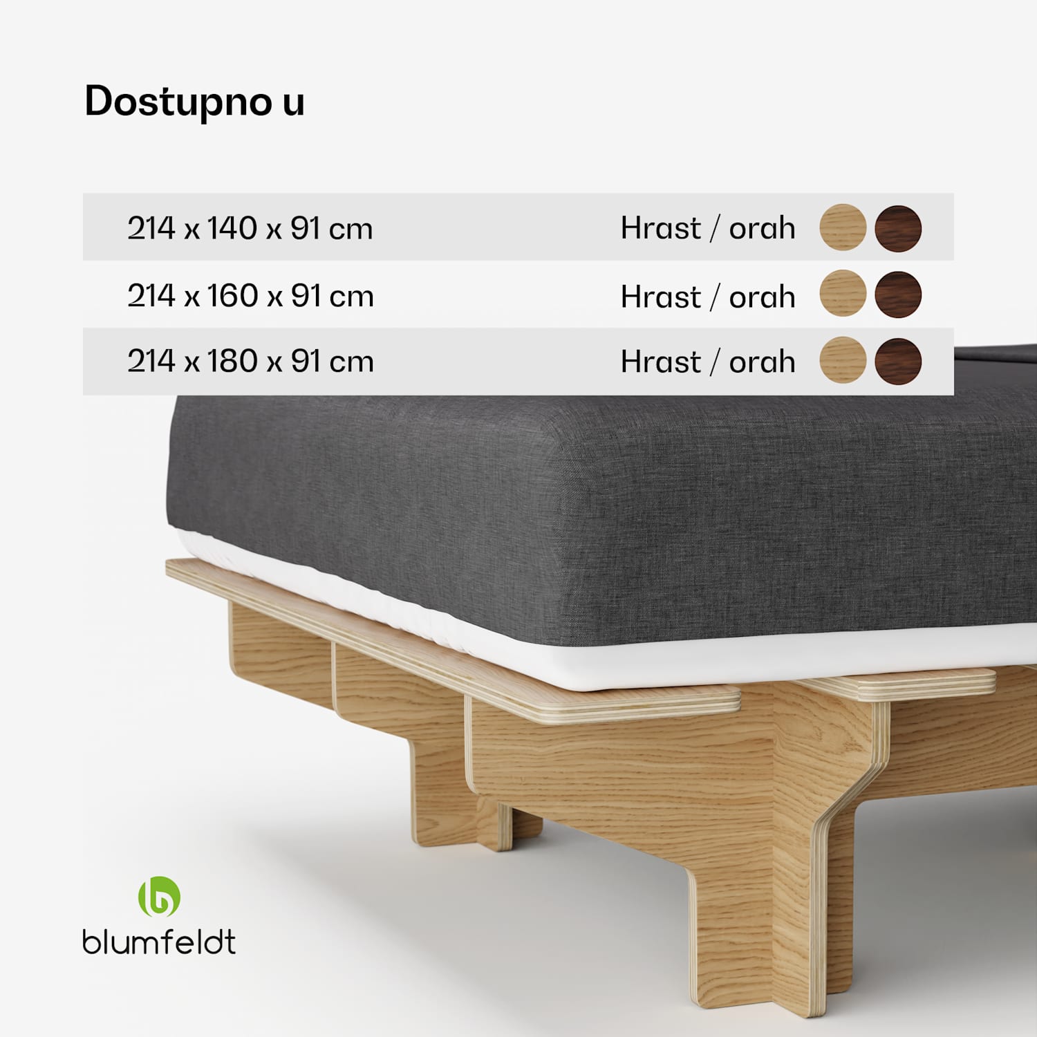 NordicAura Dupli okvir bračnog kreveta, 140 cm x 200 cm, robustan, bez alata, drvo eukaliptusa, polica 140 cm | Hrast
