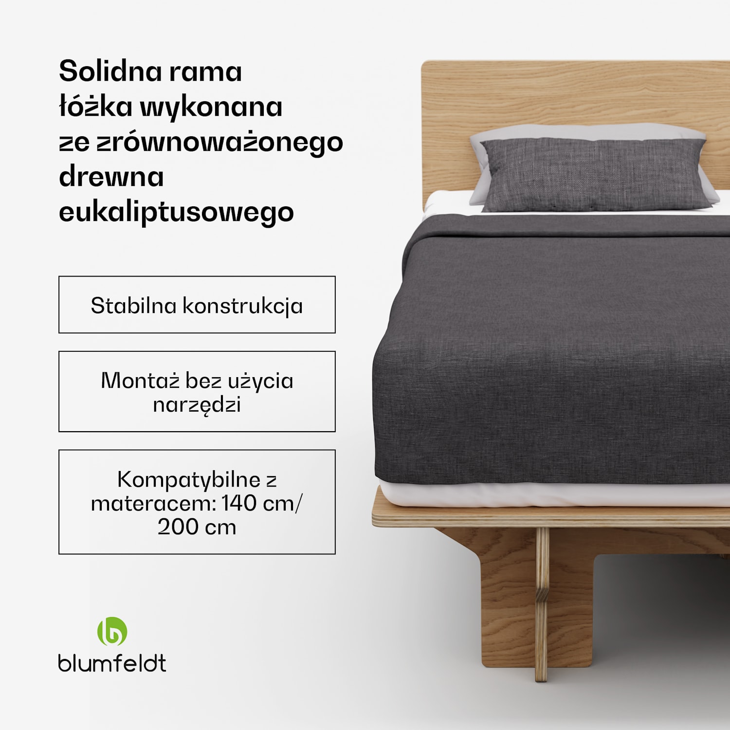 NordicAura Double rama łóżka dwuosobowego, 140 cm x 200 cm, wytrzymała, bez użycia narzędzi, drewno eukaliptusowe, pólka 140 cm | Dąb