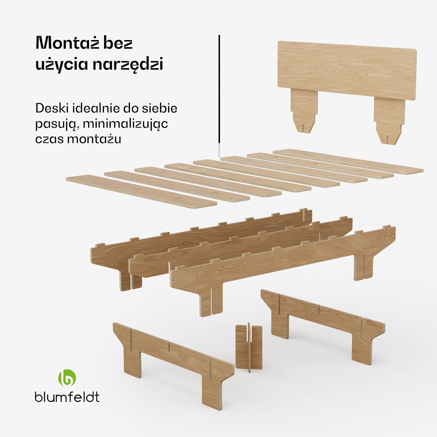 NordicAura Double rama łóżka dwuosobowego, 140 cm x 200 cm, wytrzymała, bez użycia narzędzi, drewno eukaliptusowe, pólka 140 cm | Dąb