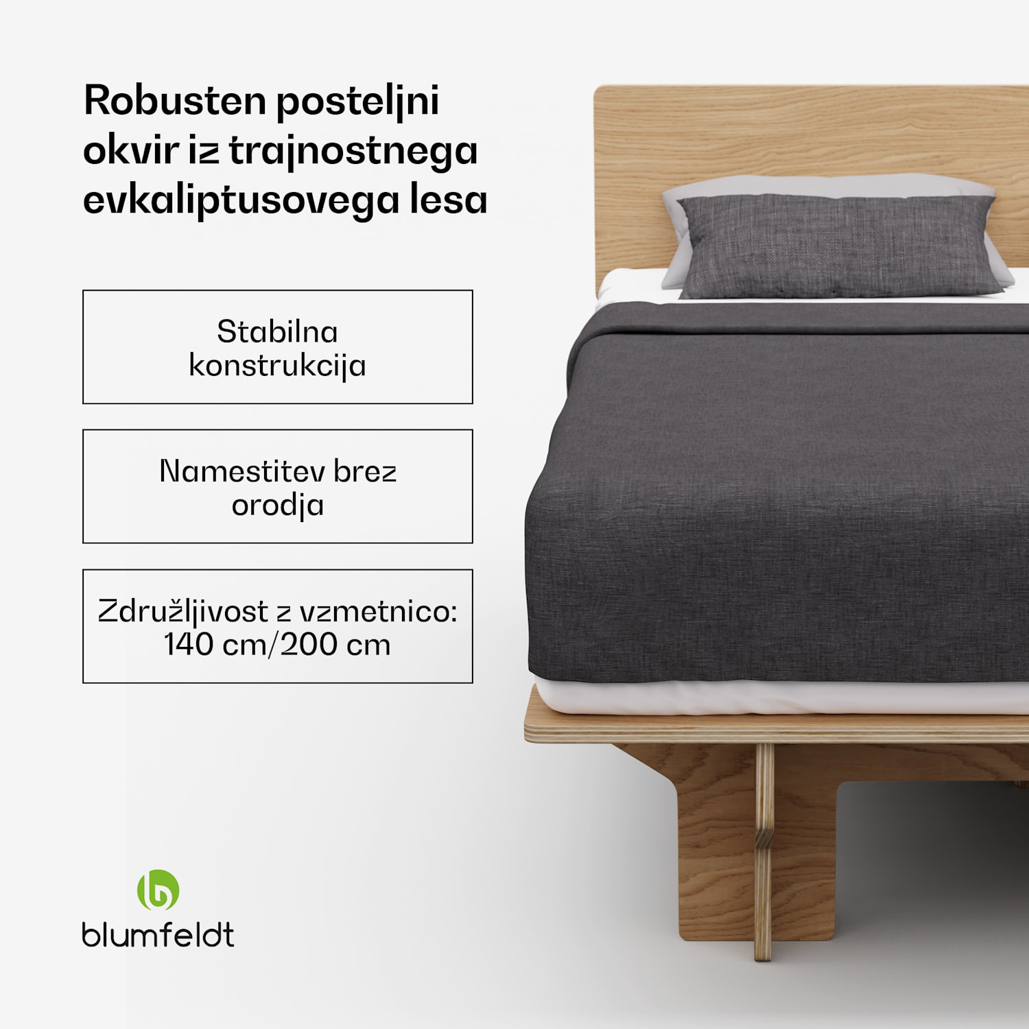 NordicAura Double okvir za zakonsko posteljo, 140 cm x 200 cm, robusten, brez orodja, evkaliptusov les, polica 140 cm | Hrast