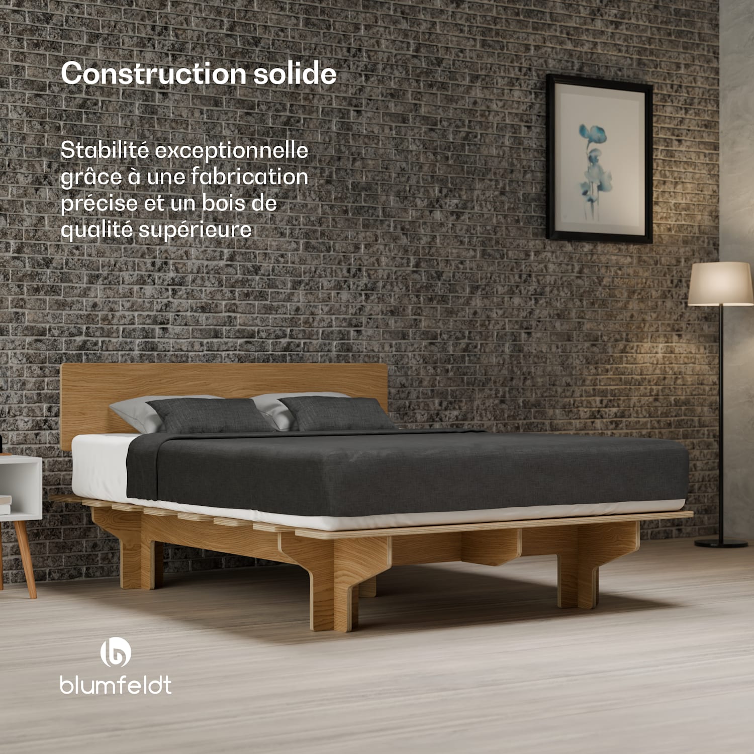 NordicAura Queen cadre de lit | 160 cm x 200 cm | robuste | sans outils | bois d'eucalyptus | rangement 160 cm | Chêne