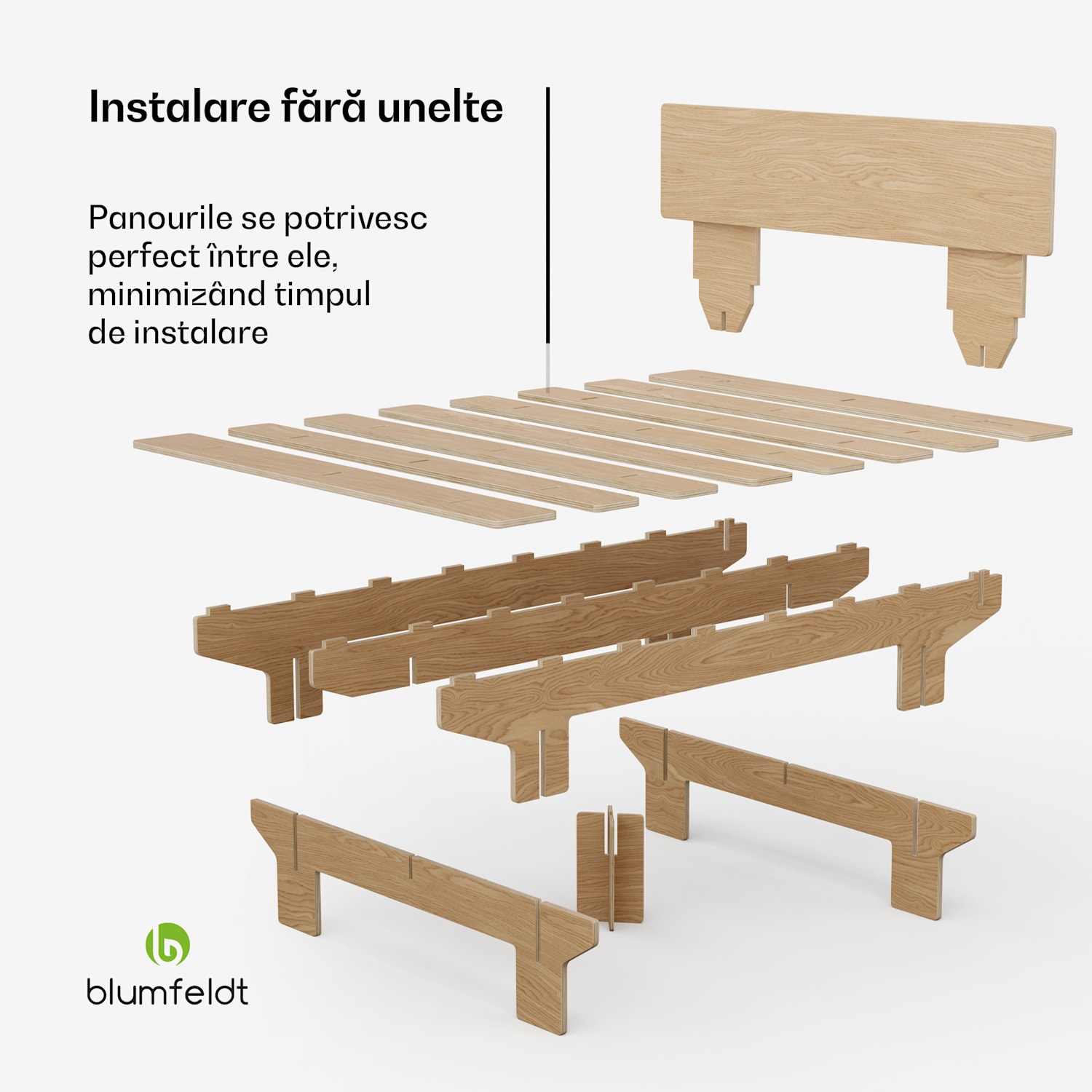 NordicAura Queen cadru pat dublu, 160 cm x 200 cm, robust, fără unelte, lemn de eucalipt, raft 160 cm | Stejar
