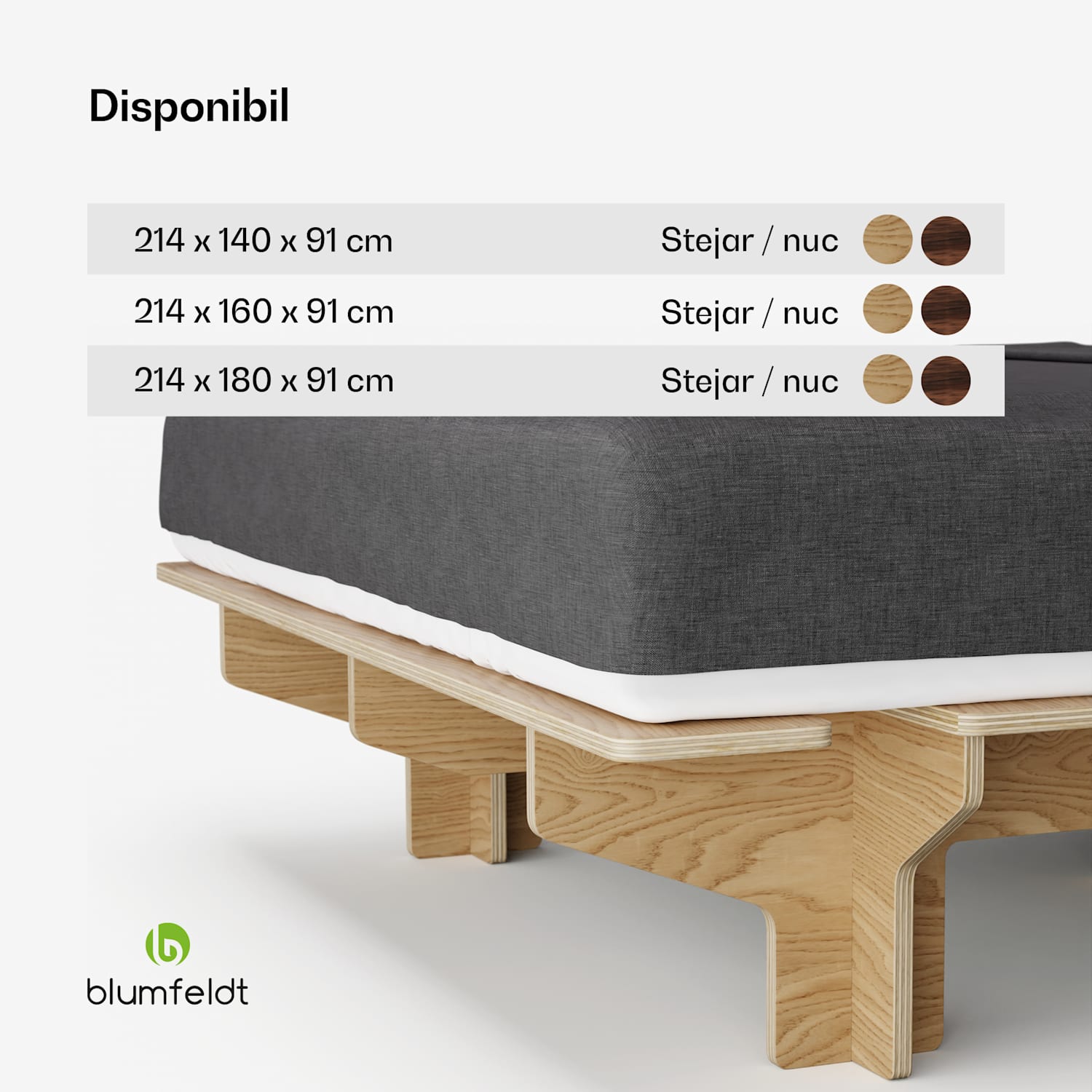 NordicAura Queen cadru pat dublu, 160 cm x 200 cm, robust, fără unelte, lemn de eucalipt, raft 160 cm | Stejar