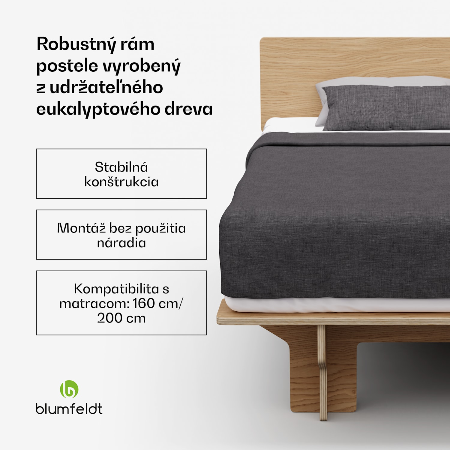 NordicAura Queen rám manželskej postele, 160 cm x 200 cm, robustný, bez náradia, eukalyptové drevo, polička 160 cm | Dub