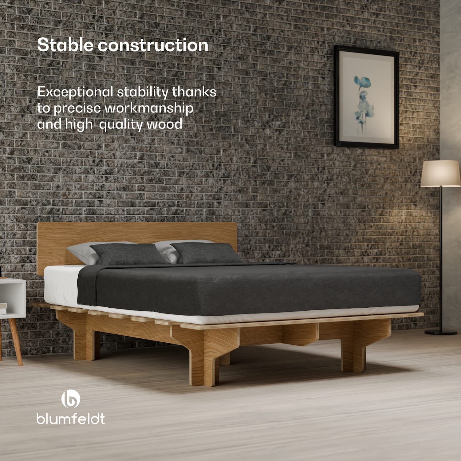 NordicAura Queen bed frame | 160 cm x 200 cm | robust | without tools | eucalyptus wood | shelf 160 cm | Oak