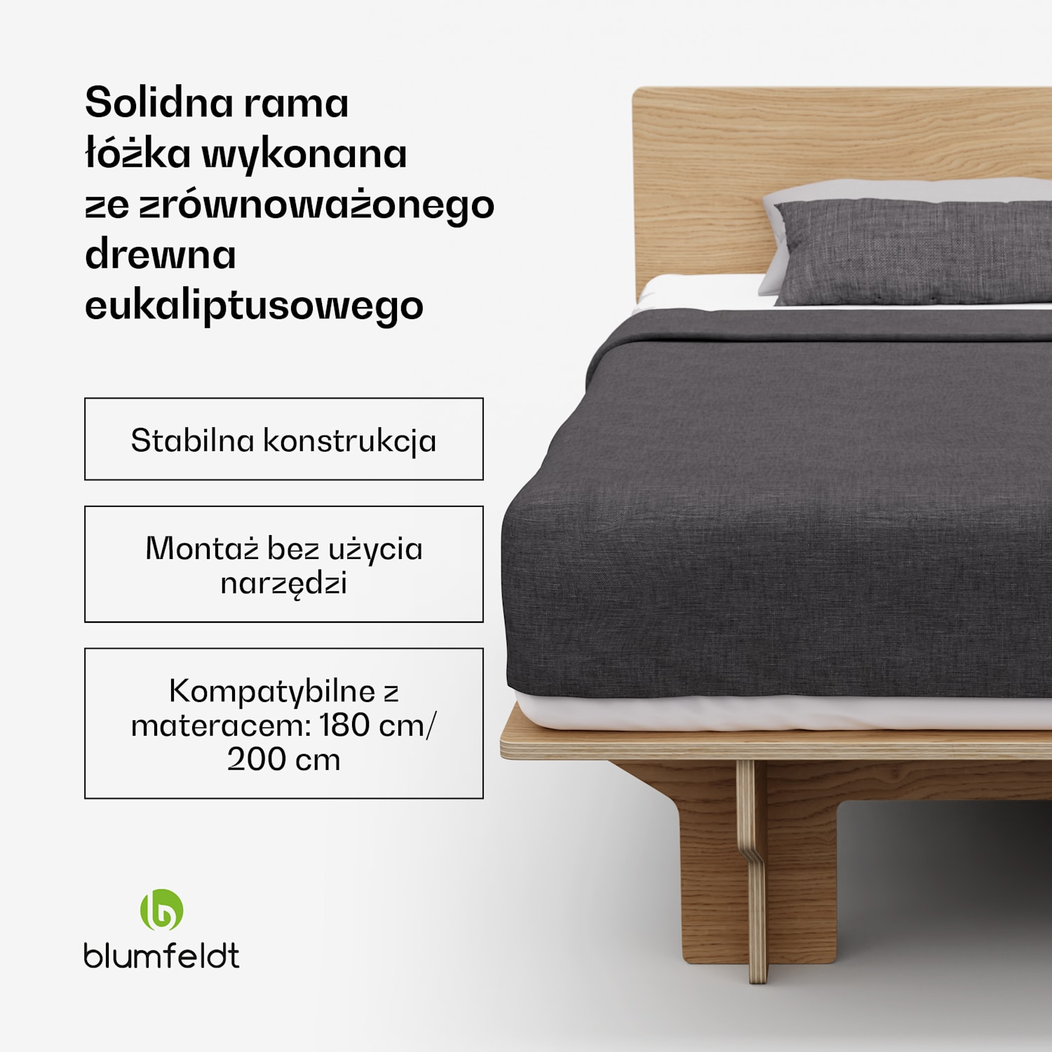 NordicAura King rama łóżka dwuosobowego, 180 cm x 200 cm, wytrzymała, bez użycia narzędzi, drewno eukaliptusowe, pólka 180 cm | Dąb