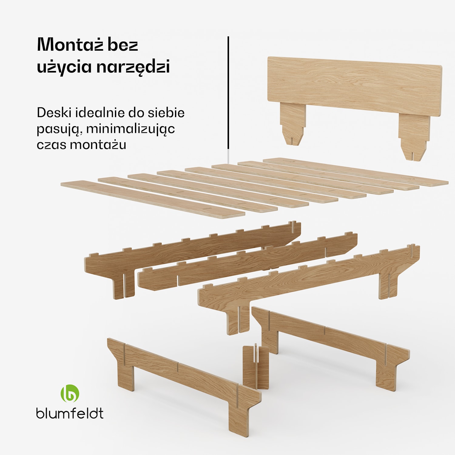 NordicAura King rama łóżka dwuosobowego, 180 cm x 200 cm, wytrzymała, bez użycia narzędzi, drewno eukaliptusowe, pólka 180 cm | Dąb