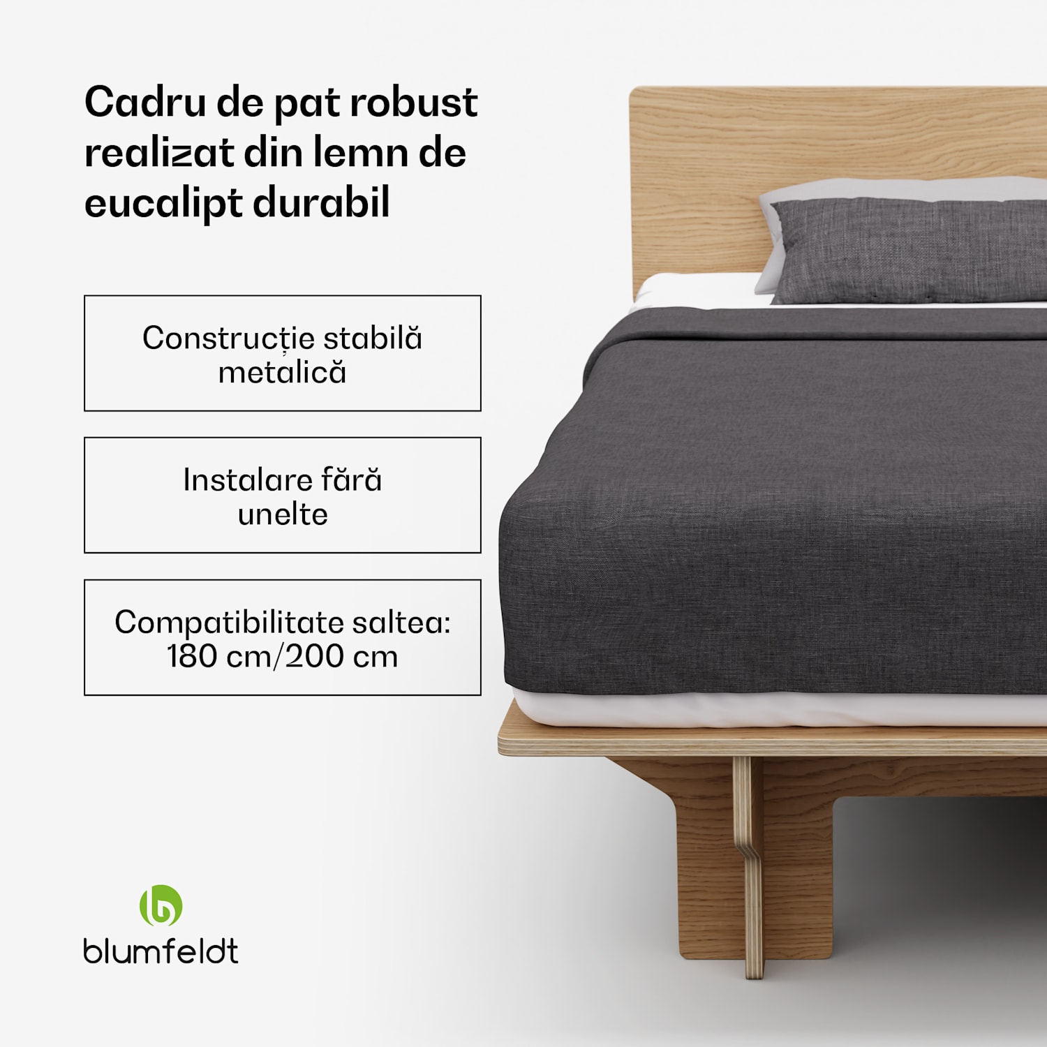 NordicAura King cadru pat dublu, 180 cm x 200 cm, robust, fără unelte, lemn de eucalipt, raft 180 cm | Stejar