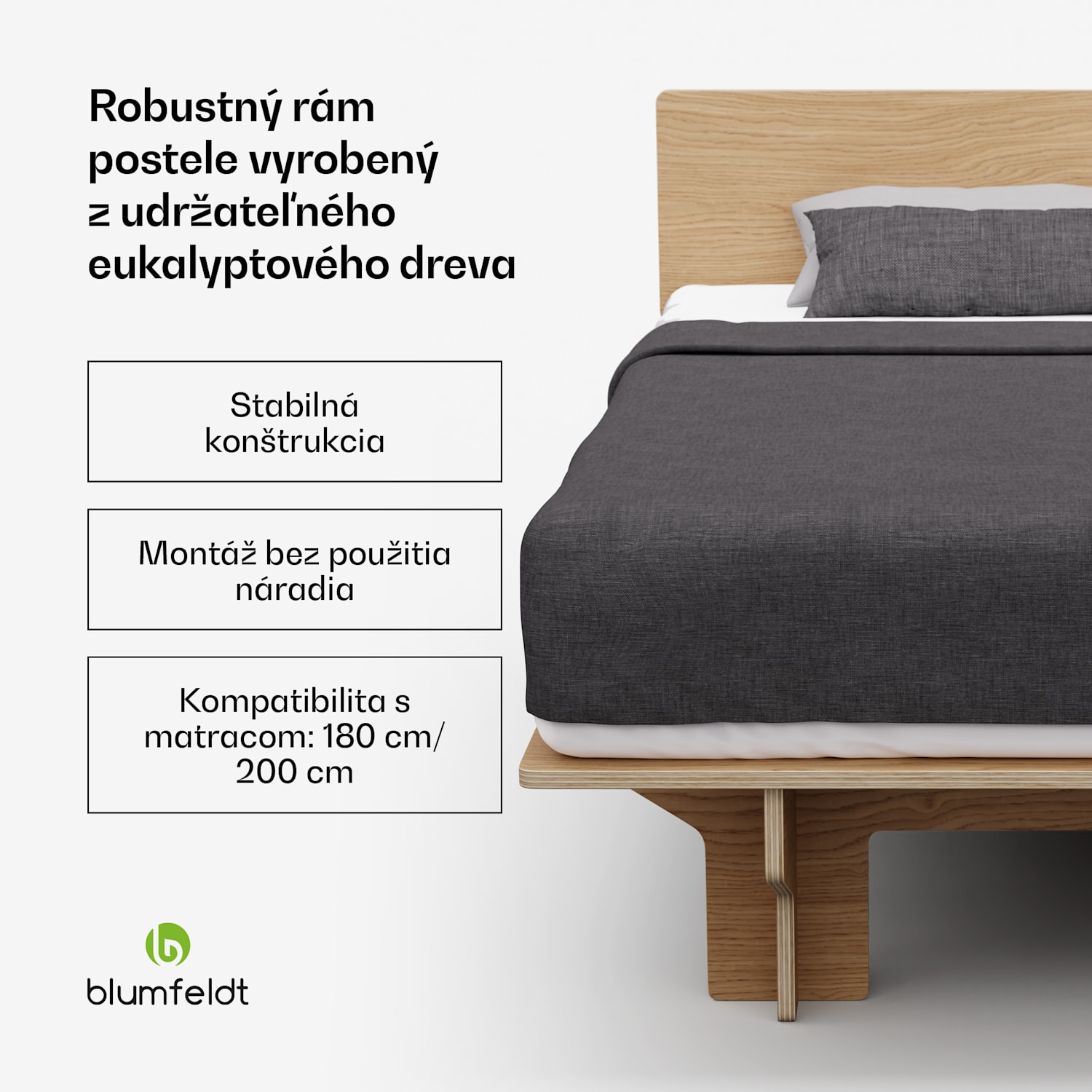 NordicAura King rám manželskej postele, 180 cm x 200 cm, robustný, bez náradia, eukalyptové drevo, polička 180 cm | Dub