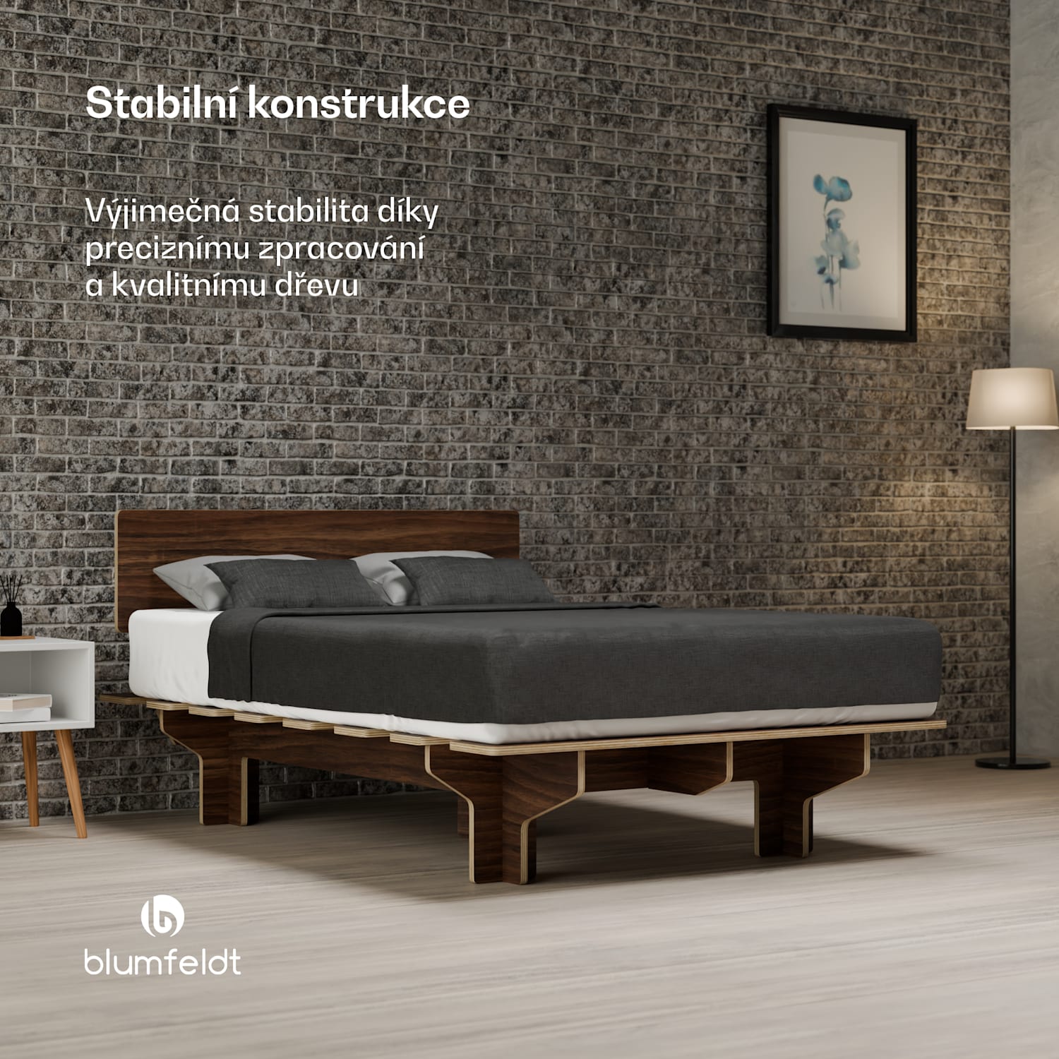 NordicAura Double rám manželské postele, 140 cm x 200 cm, robustní, bez nářadí, eukalyptové dřevo, polička 140 cm | Ořech