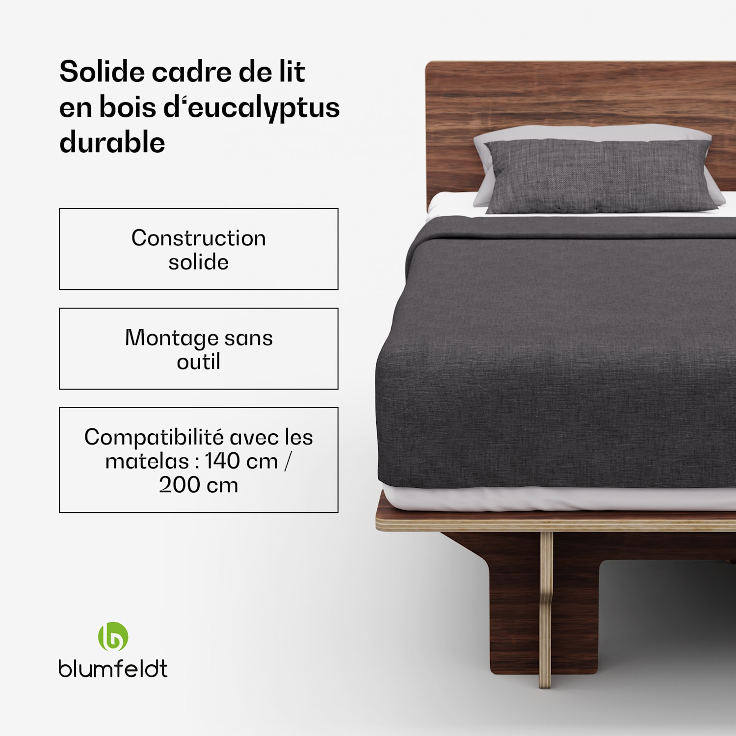 NordicAura Double cadre de lit | 140 cm x 200 cm | robuste | sans outils | bois d'eucalyptus | tablette 140 cm | Noyer