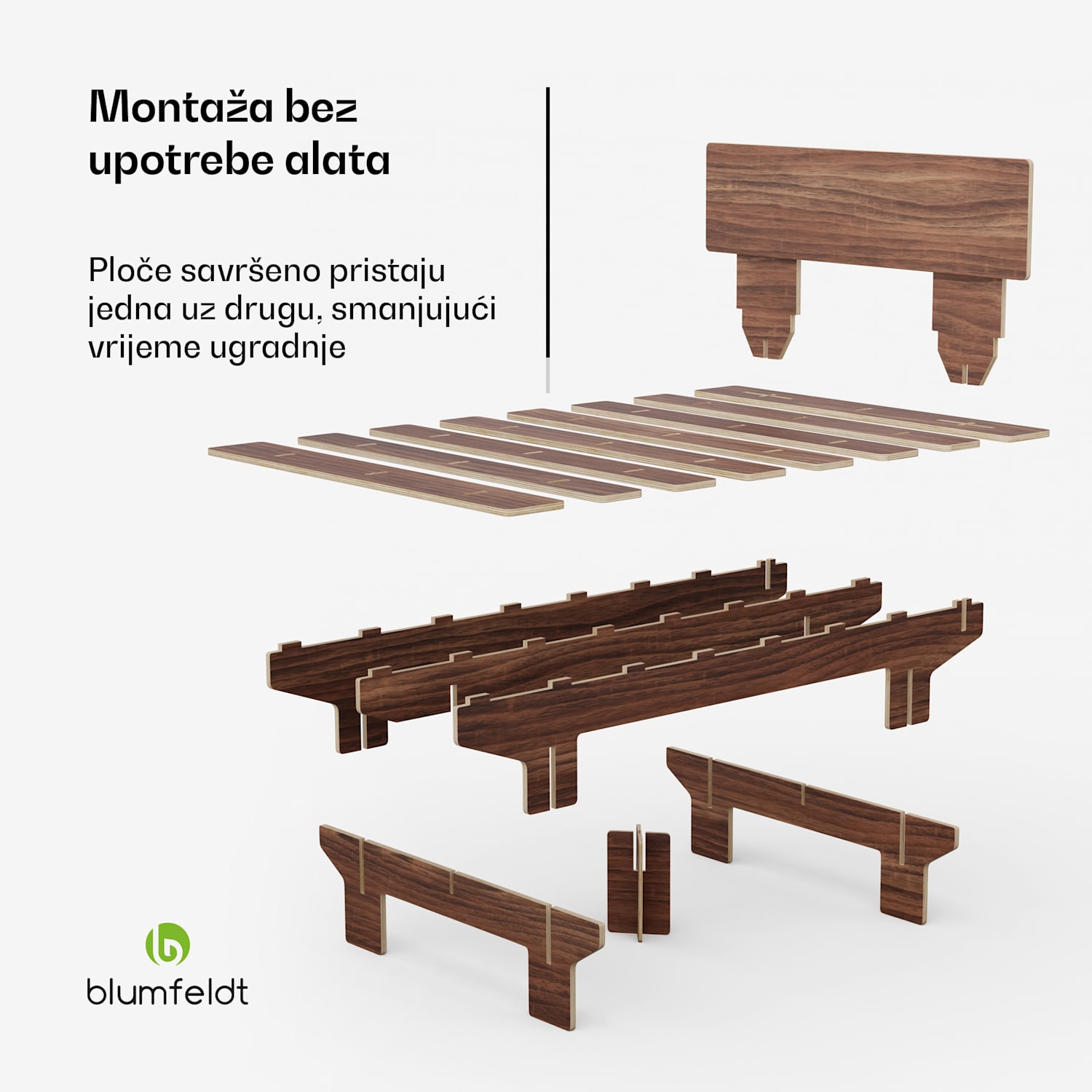 NordicAura Dupli okvir bračnog kreveta, 140 cm x 200 cm, robustan, bez alata, drvo eukaliptusa, polica 140 cm | Orah