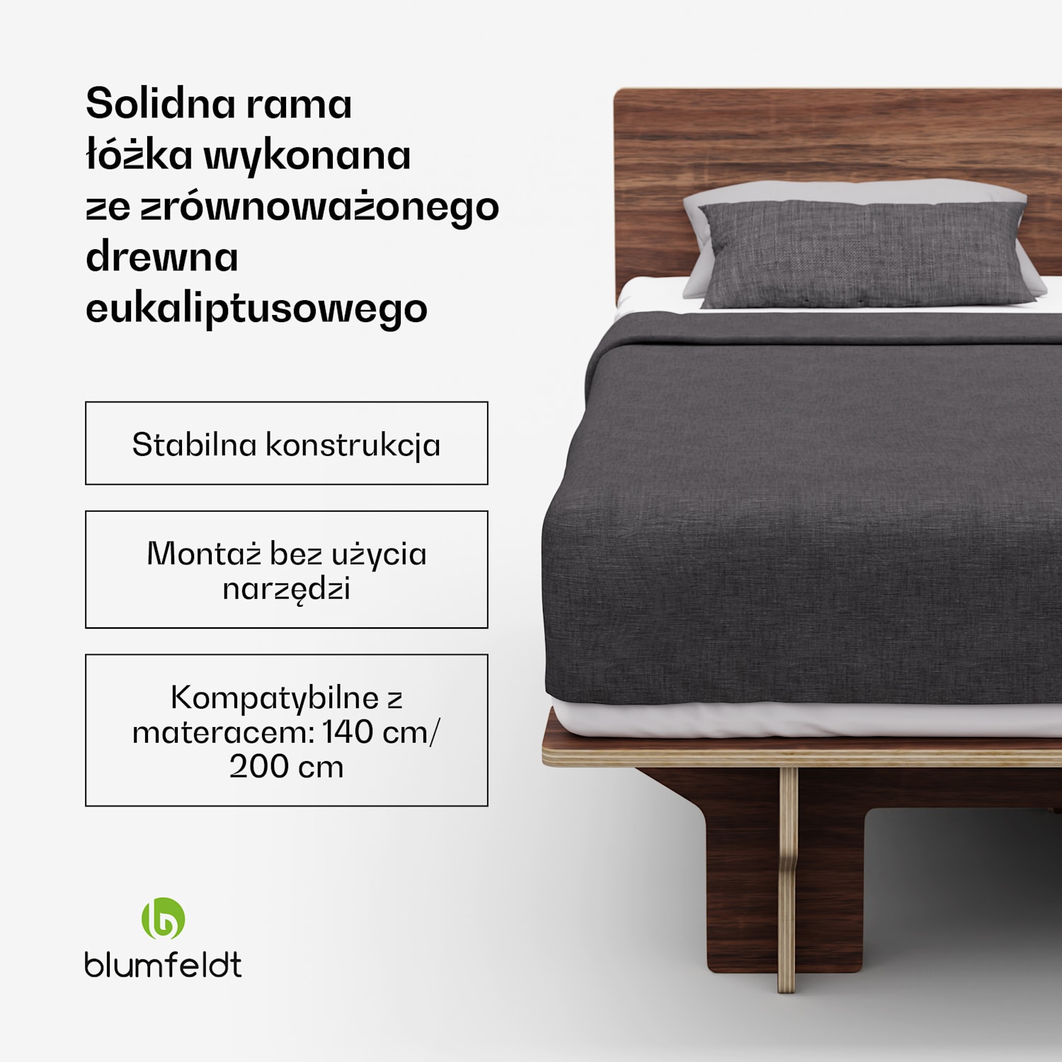 NordicAura Double rama łóżka dwuosobowego, 140 cm x 200 cm, wytrzymała, bez użycia narzędzi, drewno eukaliptusowe, pólka 140 cm | Orzech Włoski