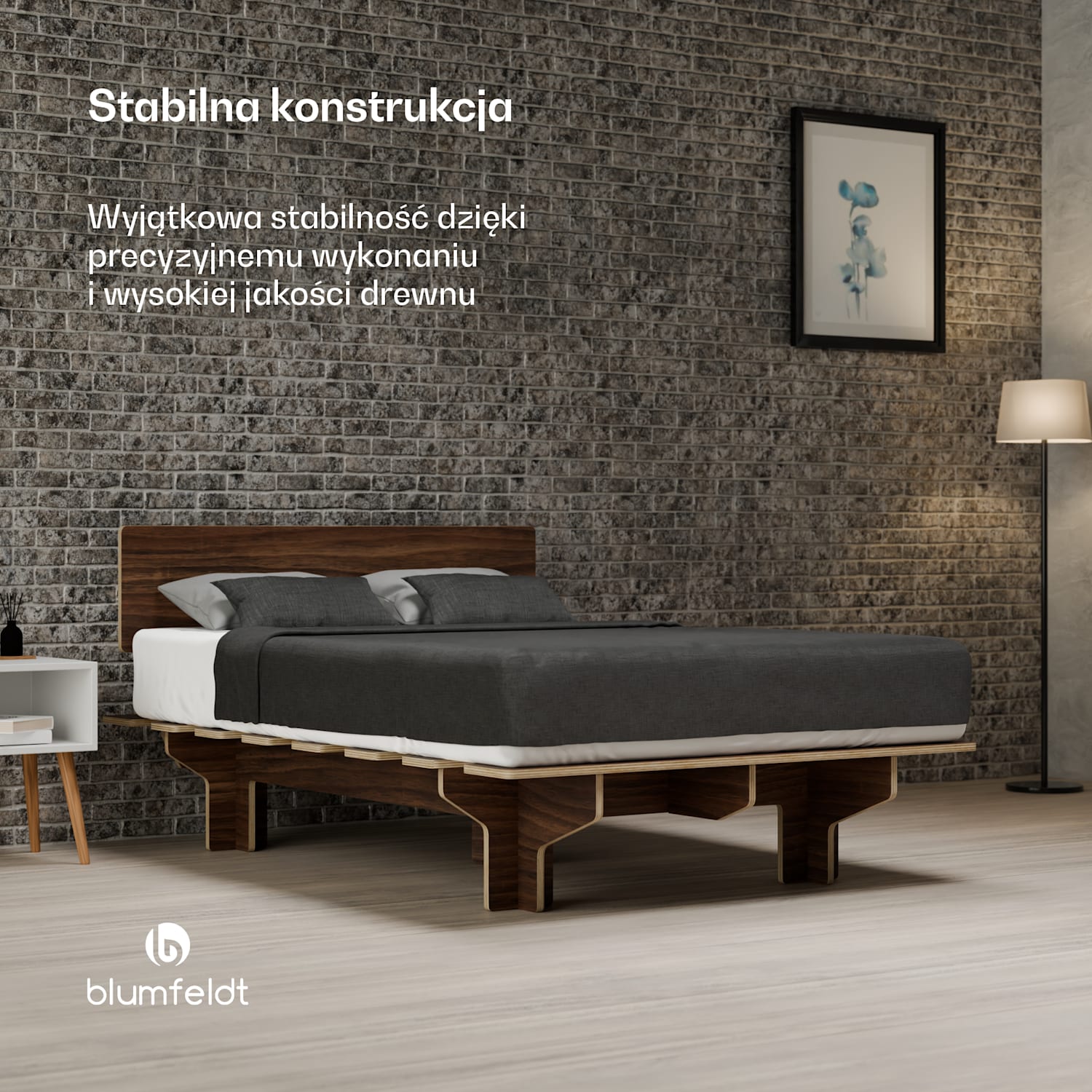 NordicAura Double rama łóżka dwuosobowego, 140 cm x 200 cm, wytrzymała, bez użycia narzędzi, drewno eukaliptusowe, pólka 140 cm | Orzech Włoski