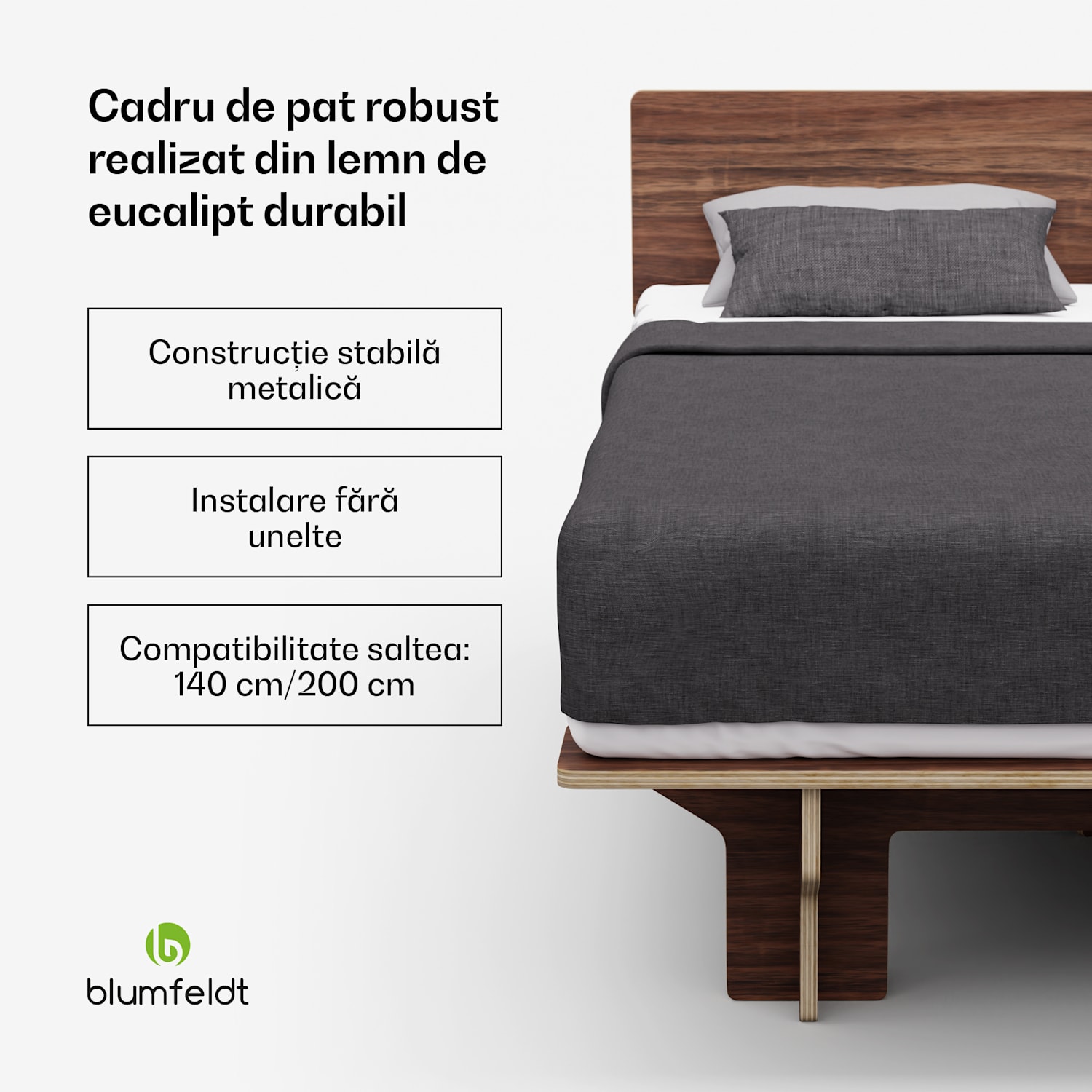 NordicAura Cadru de pat dublu, 140 cm x 200 cm, robust, fără scule, lemn de eucalipt, raft 140 cm | Nuci