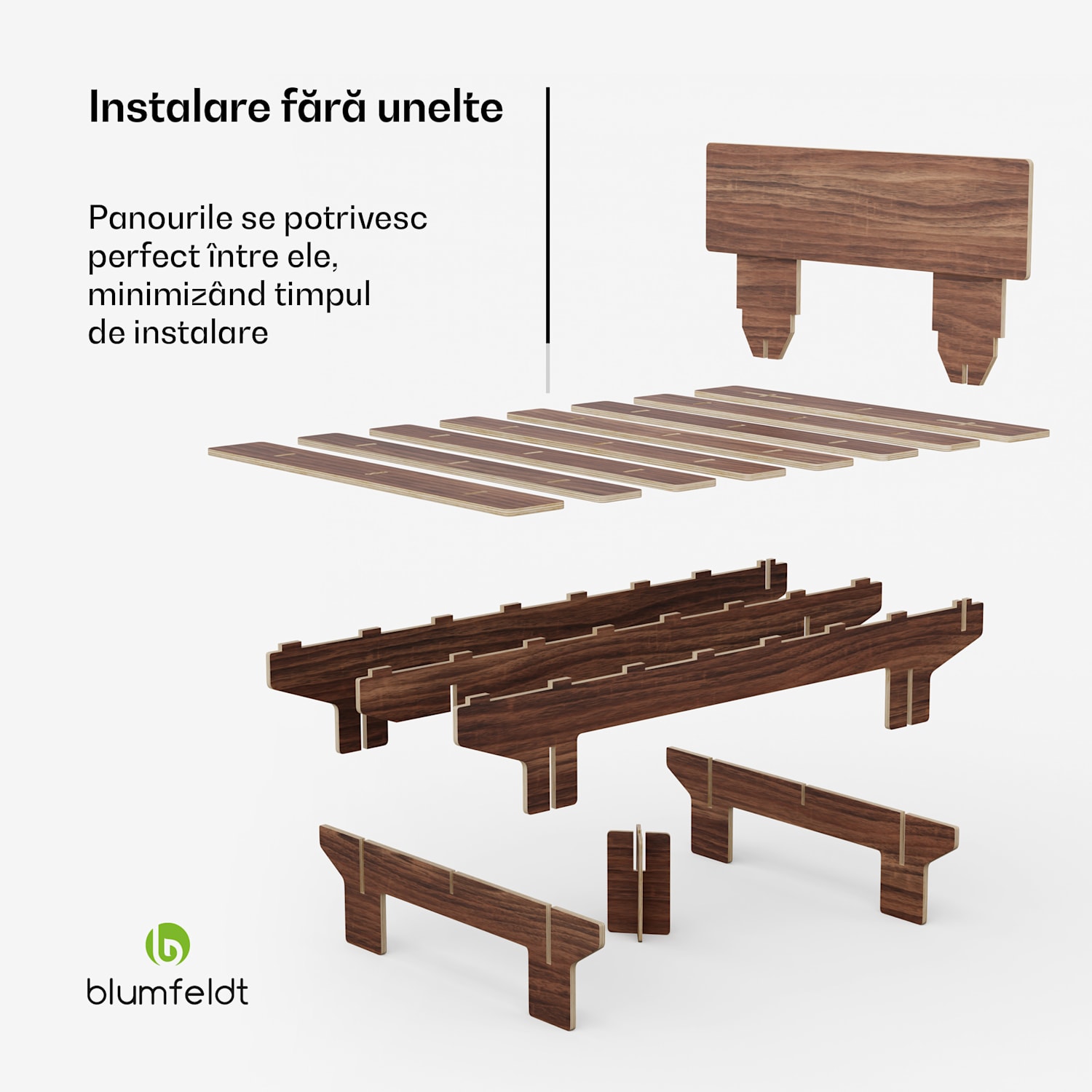 NordicAura Cadru de pat dublu, 140 cm x 200 cm, robust, fără scule, lemn de eucalipt, raft 140 cm | Nuci