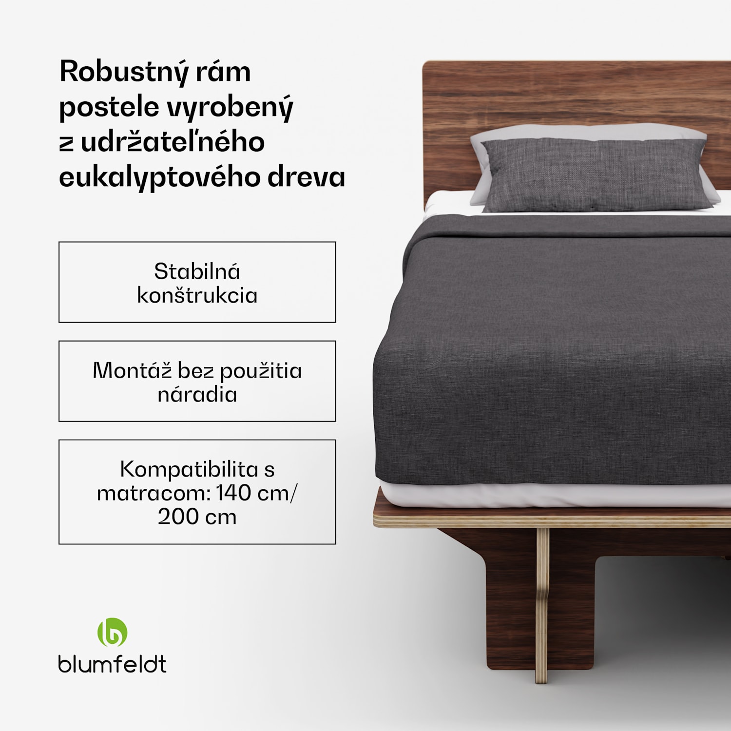 NordicAura Double rám manželskej postele, 140 cm x 200 cm, robustný, bez náradia, eukalyptové drevo, polička 140 cm | Orech