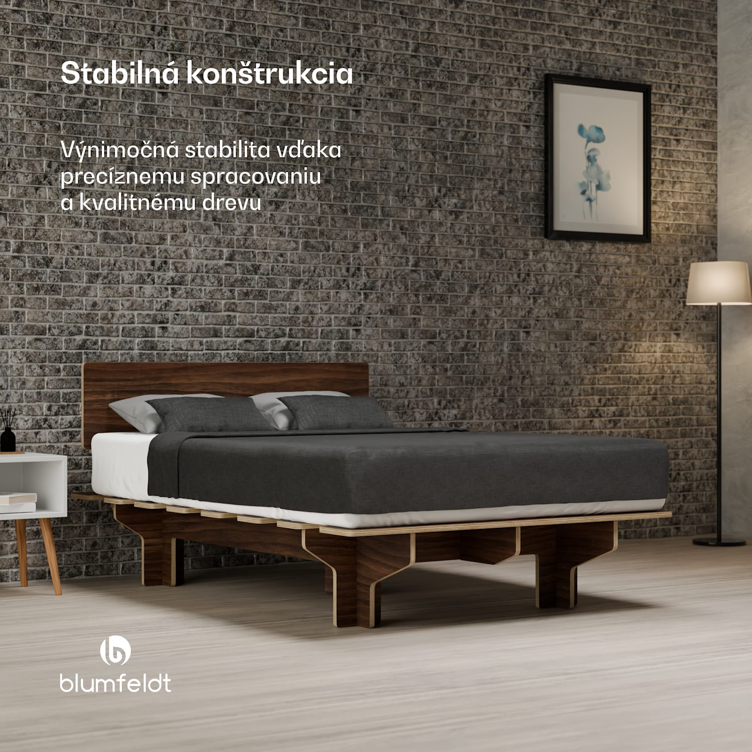 NordicAura Double rám manželskej postele, 140 cm x 200 cm, robustný, bez náradia, eukalyptové drevo, polička 140 cm | Orech