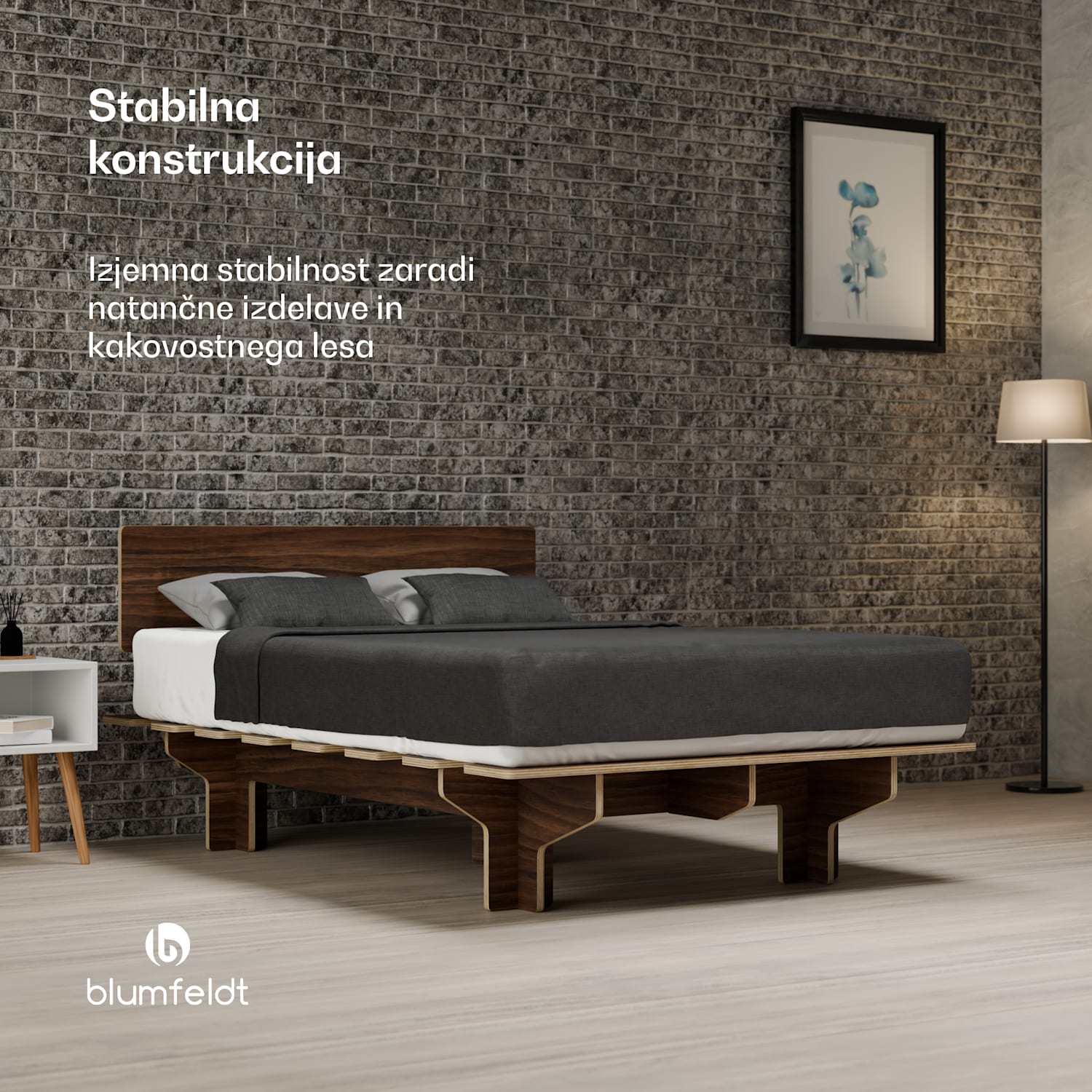 NordicAura Double okvir za zakonsko posteljo, 140 cm x 200 cm, robusten, brez orodja, evkaliptusov les, polica 140 cm | Oreh