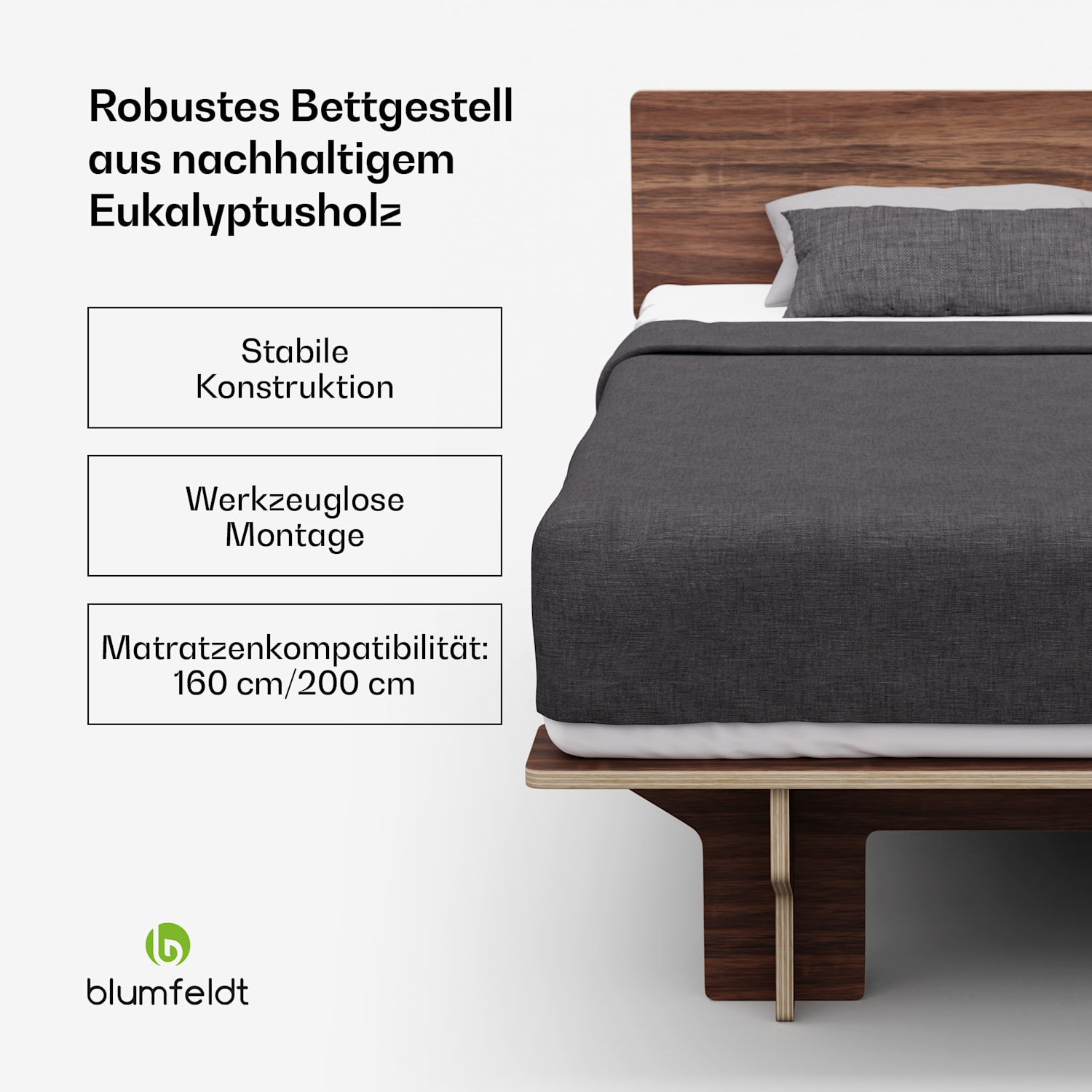 NordicAura Queen Bettgestell | 160 cm x 200 cm | robust | ohne Werkzeug | Eukalyptusholz | Ablage 160 cm | Walnuss