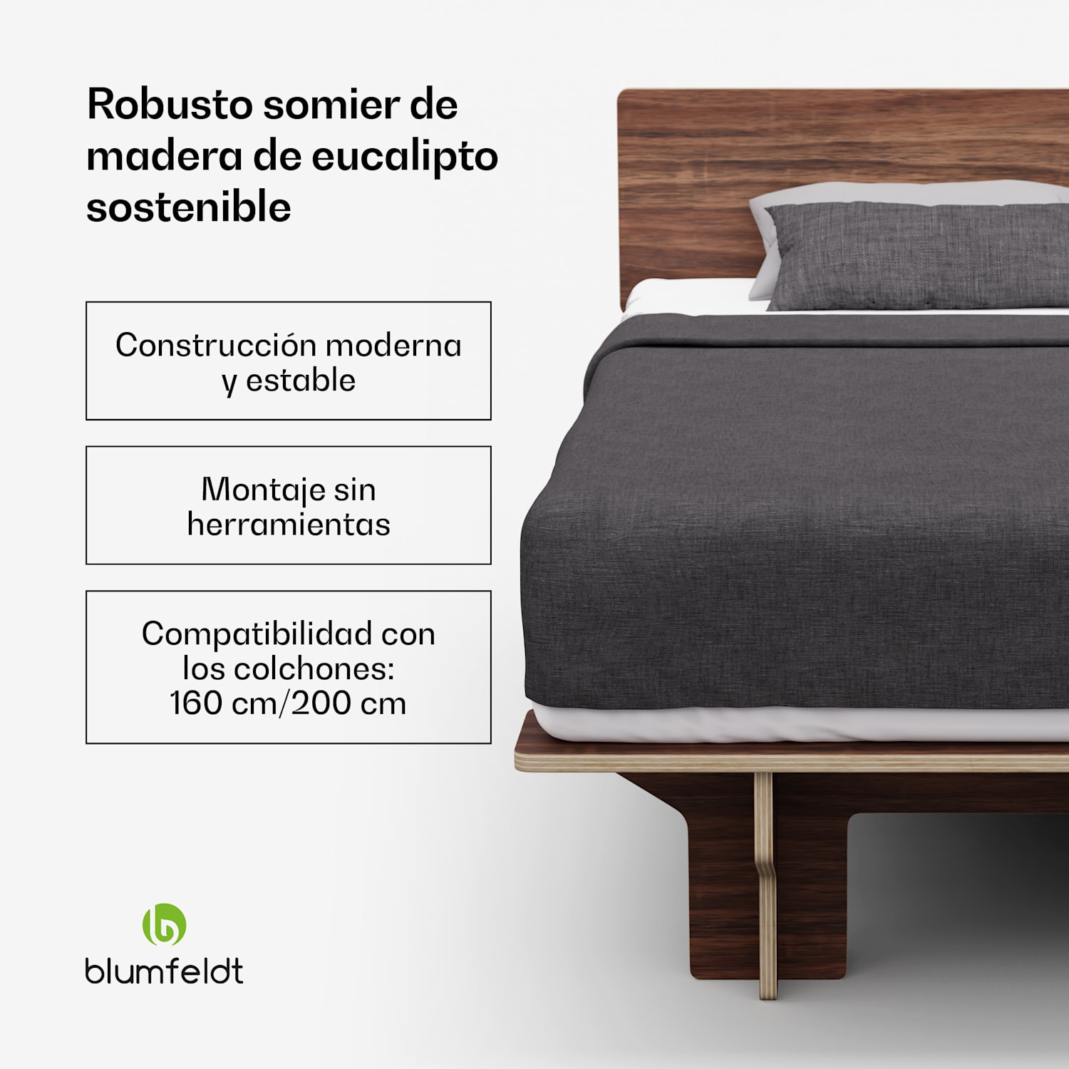 NordicAura Somier Queen | 160 cm x 200 cm | robusto | sin herramientas | madera de eucalipto | estante 160 cm | Nuez