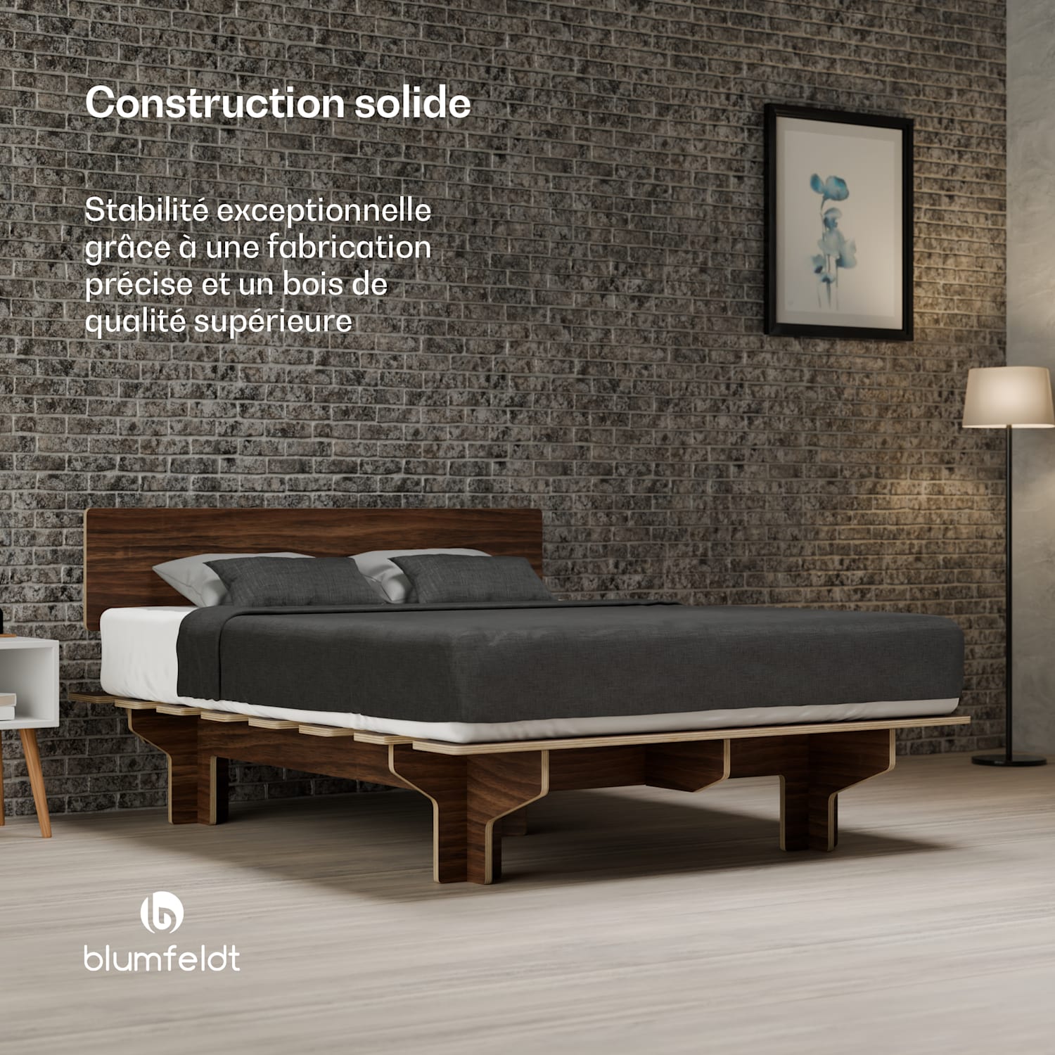 NordicAura Queen cadre de lit | 160 cm x 200 cm | robuste | sans outils | bois d'eucalyptus | rangement 160 cm | Noyer