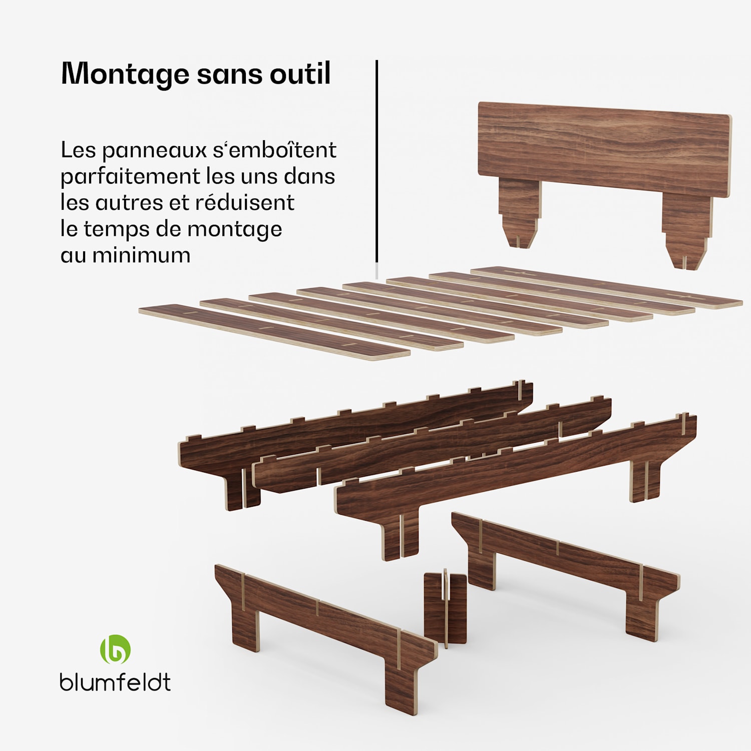 NordicAura Queen cadre de lit | 160 cm x 200 cm | robuste | sans outils | bois d'eucalyptus | rangement 160 cm | Noyer