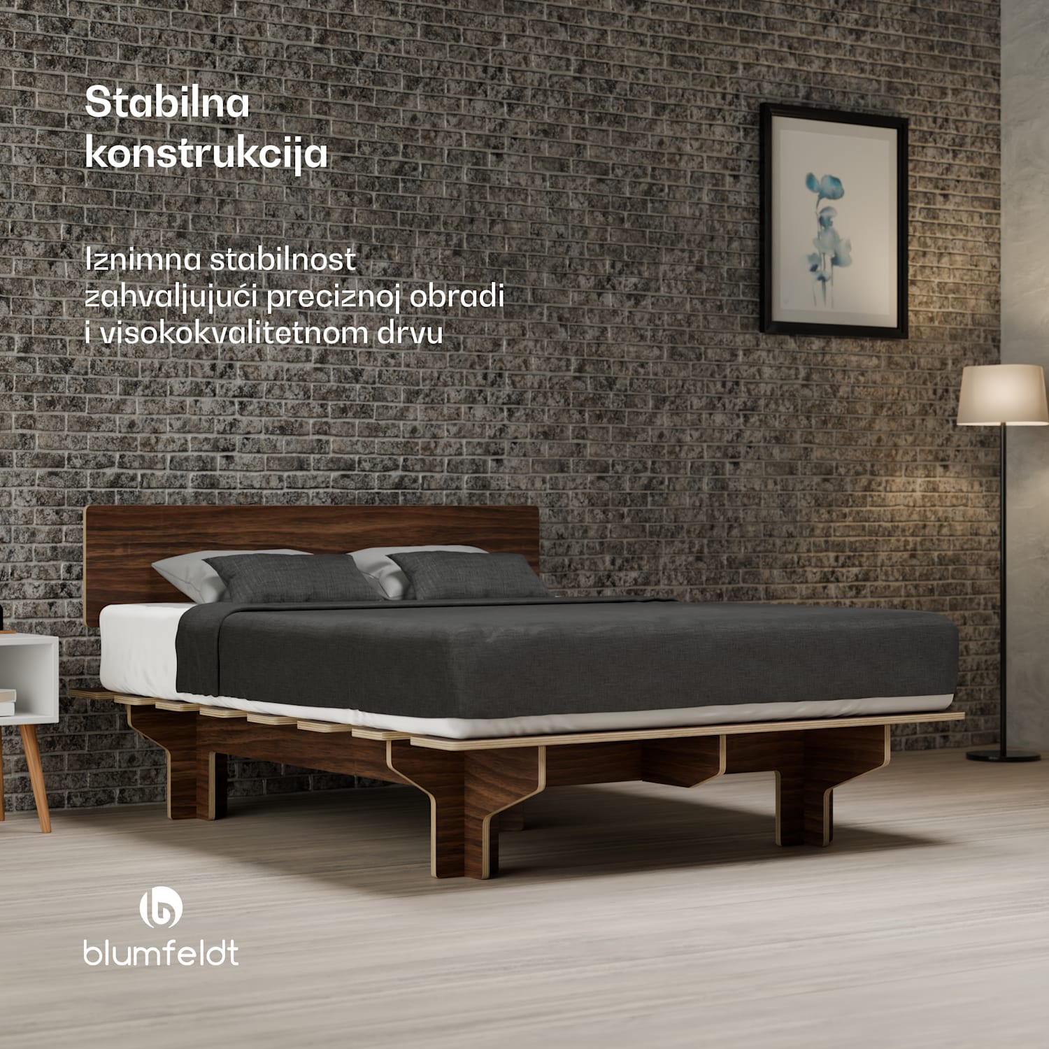 Okvir bračnog kreveta NordicAura Queen, 160 cm x 200 cm, robustan, bez alata, drvo eukaliptusa, polica 160 cm | Orah