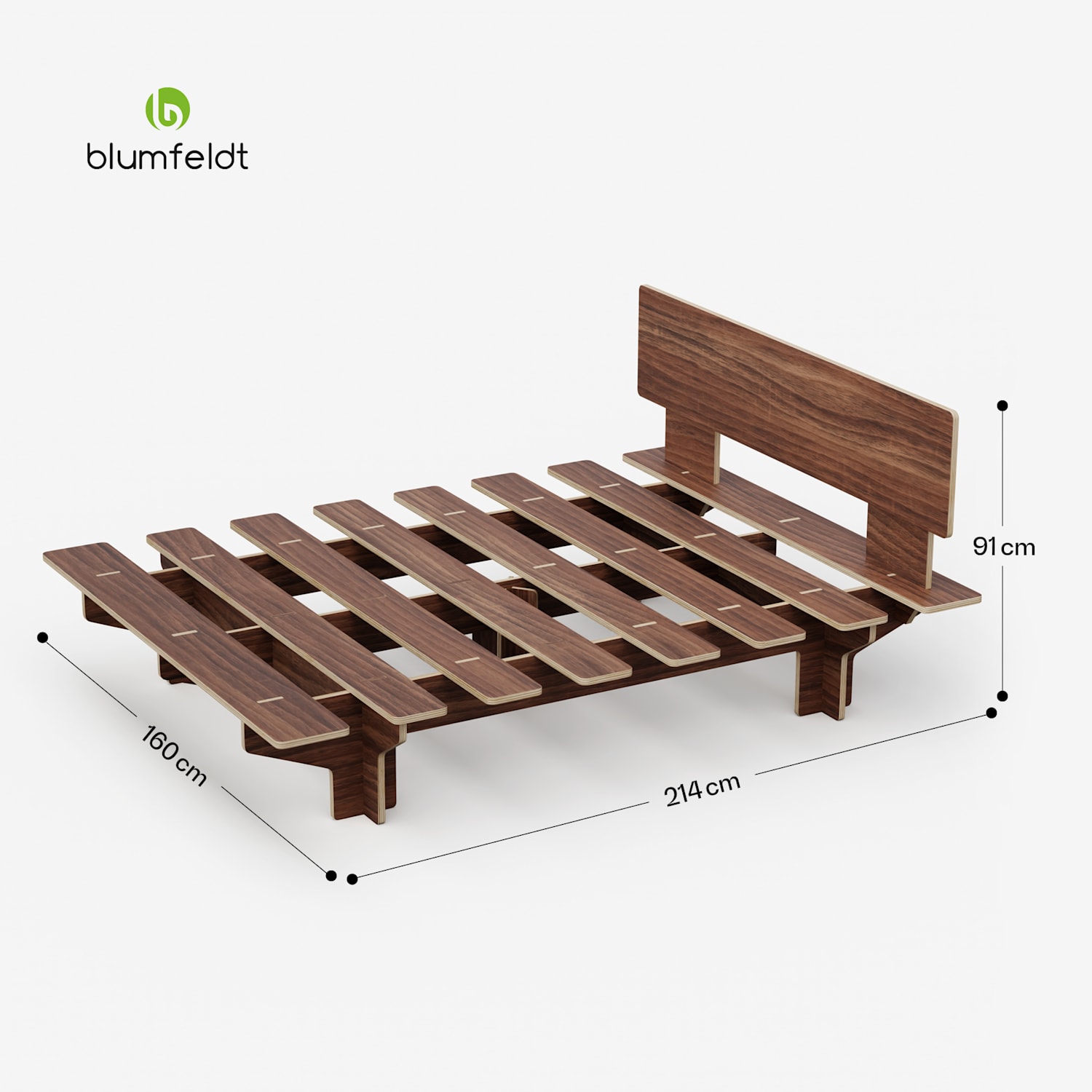 NordicAura Queen bed frame | 160 cm x 200 cm | robust | without tools | eucalyptus wood | shelf 160 cm | Walnut