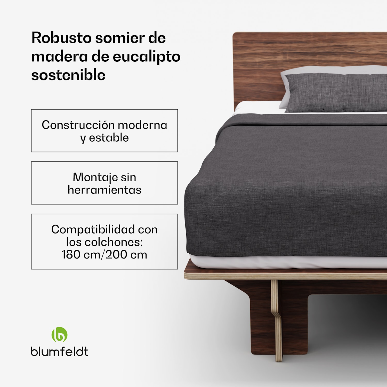 NordicAura Somier Queen | 180 cm x 200 cm | robusto | sin herramientas | madera de eucalipto | estante 180 cm | Nuez