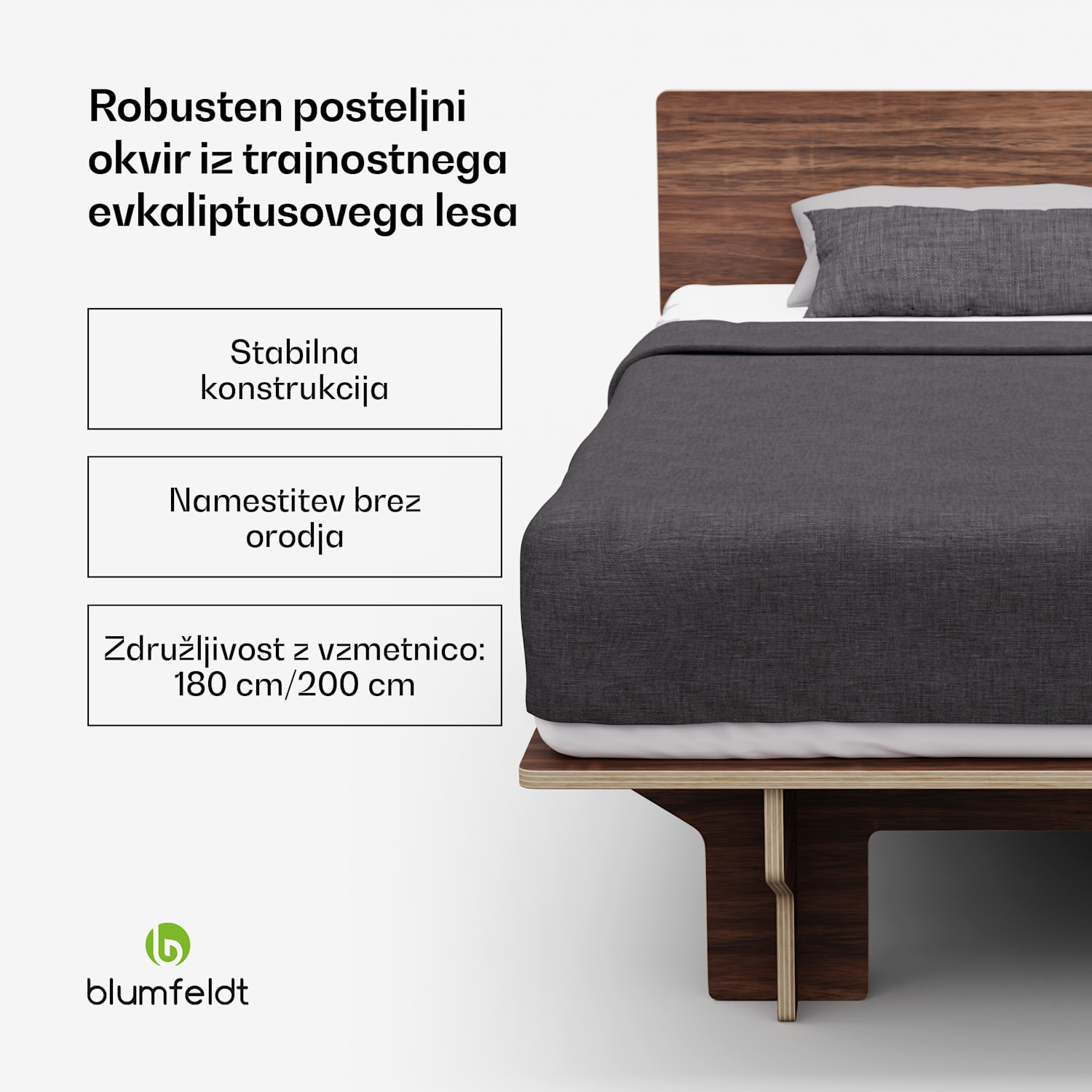 NordicAura King okvir za zakonsko posteljo, 180 cm x 200 cm, robusten, brez orodja, evkaliptusov les, polica 180 cm | Oreh