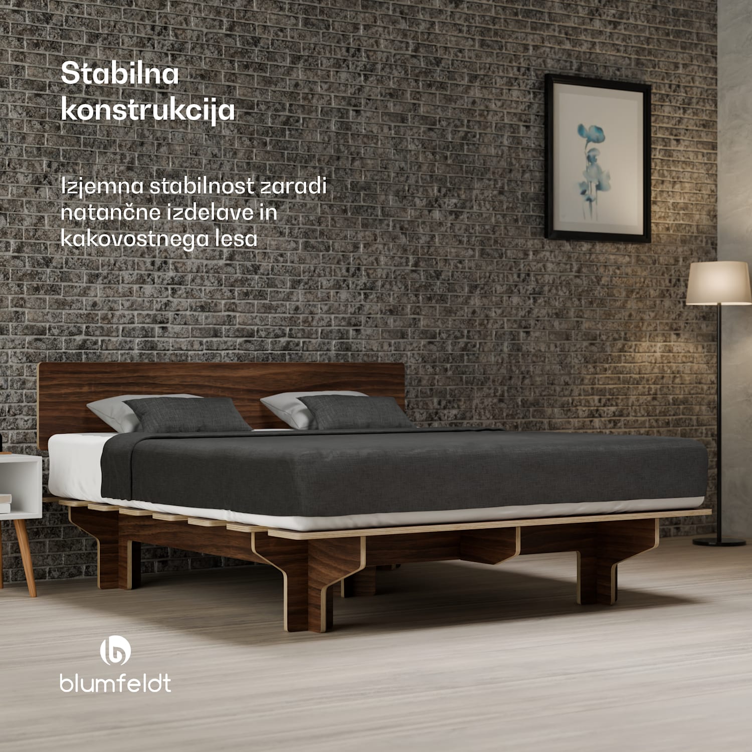 NordicAura King okvir za zakonsko posteljo, 180 cm x 200 cm, robusten, brez orodja, evkaliptusov les, polica 180 cm | Oreh