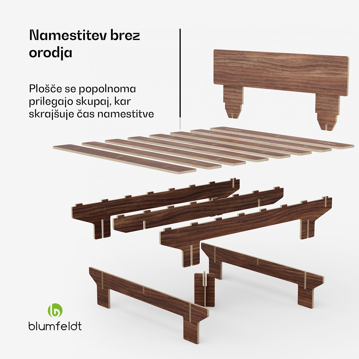 NordicAura King okvir za zakonsko posteljo, 180 cm x 200 cm, robusten, brez orodja, evkaliptusov les, polica 180 cm | Oreh