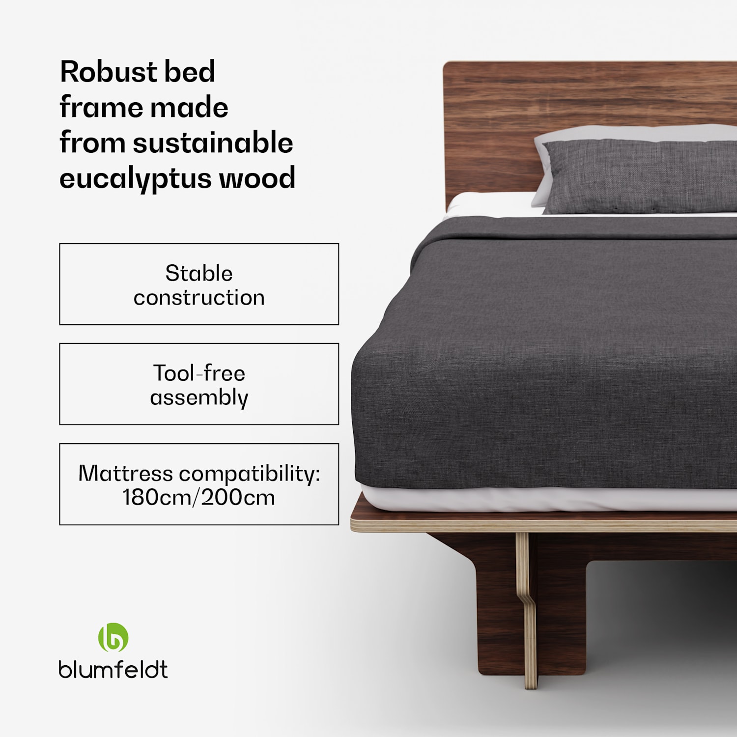 NordicAura King sängynrunko | 180 cm x 200 cm | vankka | ilman työkaluja | eukalyptuspuu | hylly 180 cm | Pähkinä