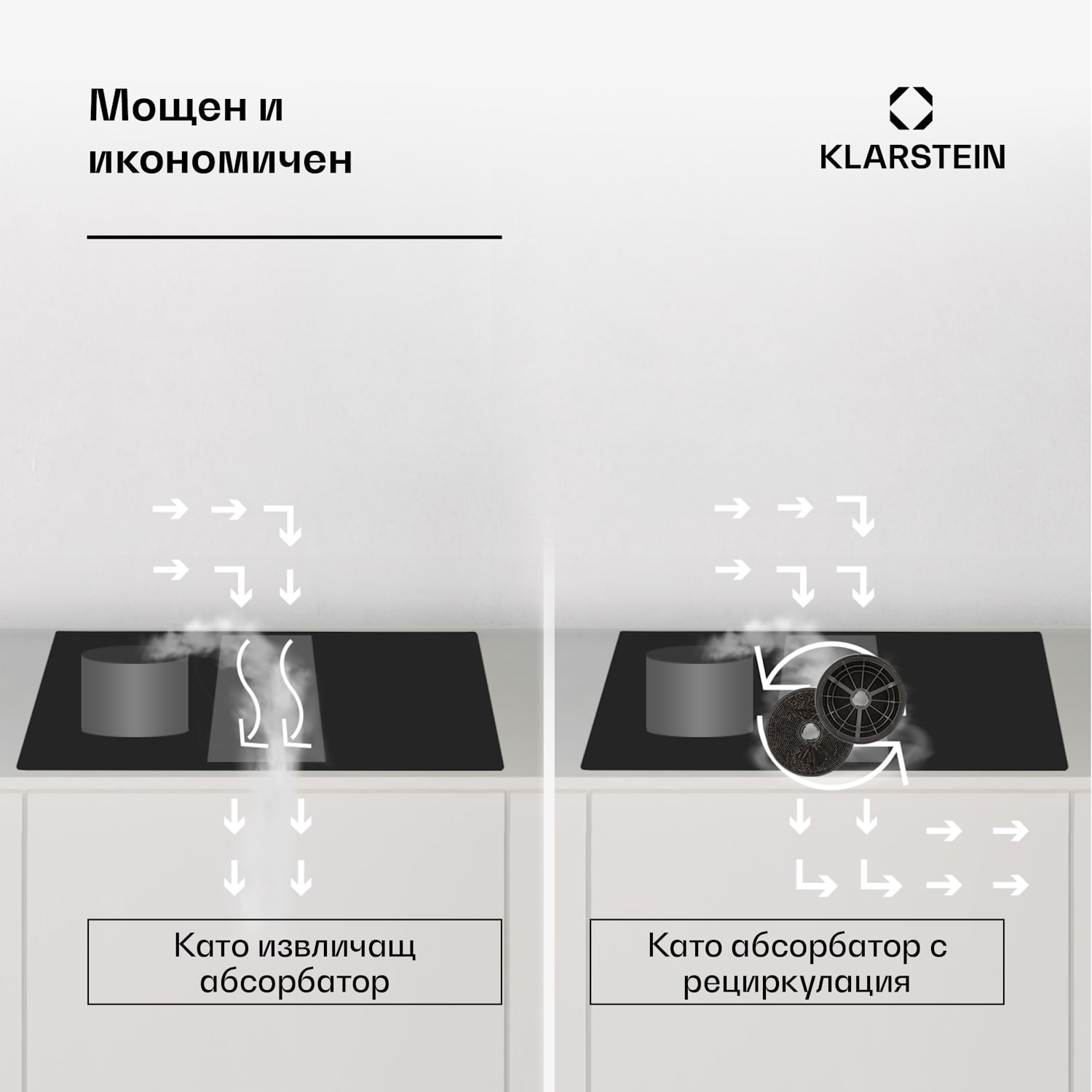 Система Full House 60 Down Air, индукционна печка + аспиратор, 329 м³/ч, EEC A 60 cm | Черно