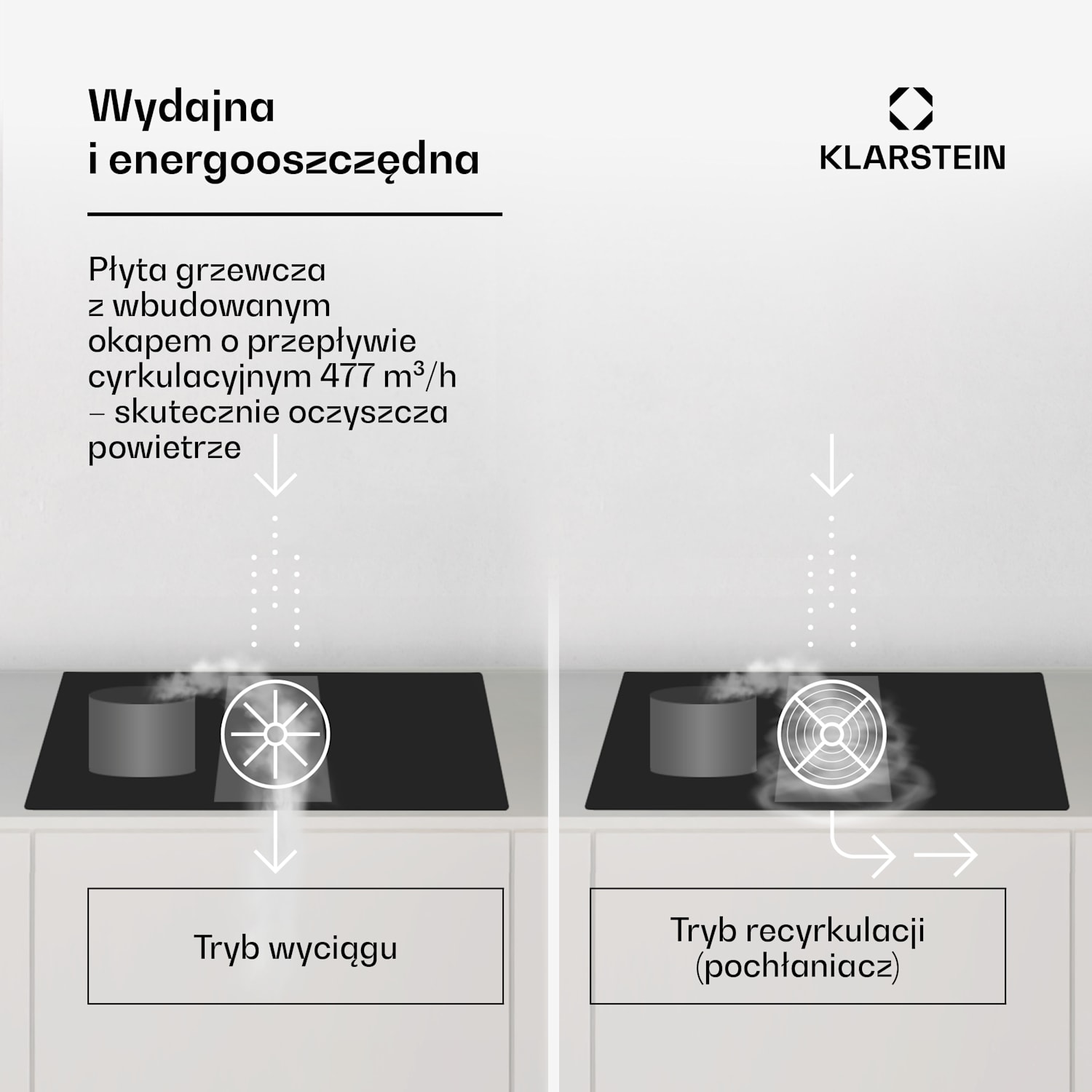 Full House 72, płyta indukcyjna z systemem down air + okap wyciągowy 329 m³/h, klasa efektywności energetycznej A 72 cm | Czarny
