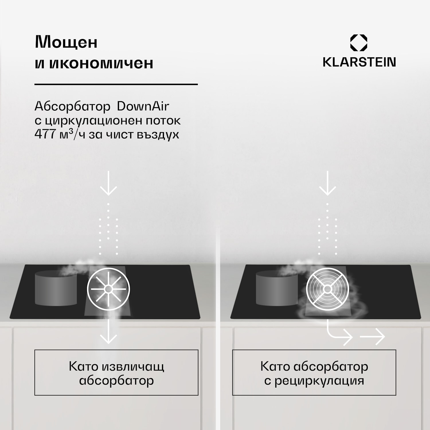 Full House Down Air System, индукционна печка + аспиратор, 477 м³/ч, клас на енергийна ефективност A 77 cm | Черно