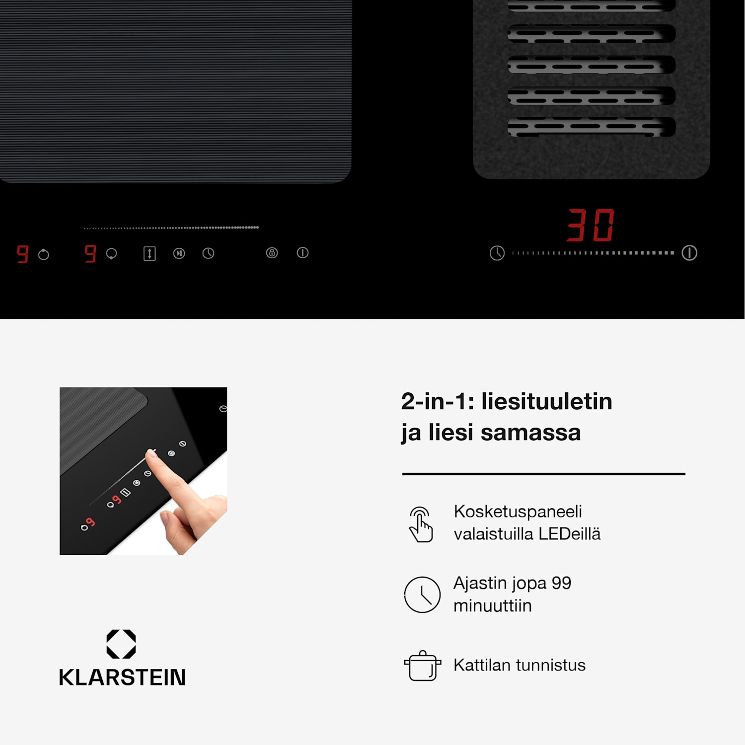 Full House 77 Down Air System induktioliesi + liesituuletin 444 m³/h energiatehokkuusluokka A 77 cm | Musta