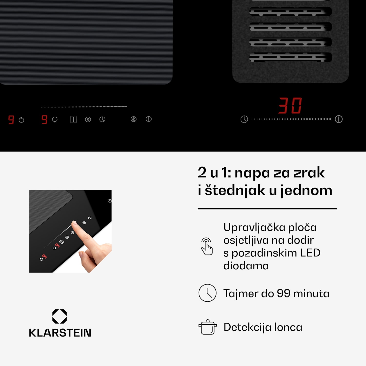 Full House 77 Down Air System, indukcijsko kuhalo + odvod pare, 477 m³/h, razred energetske učinkovitosti A 77 cm | Crna