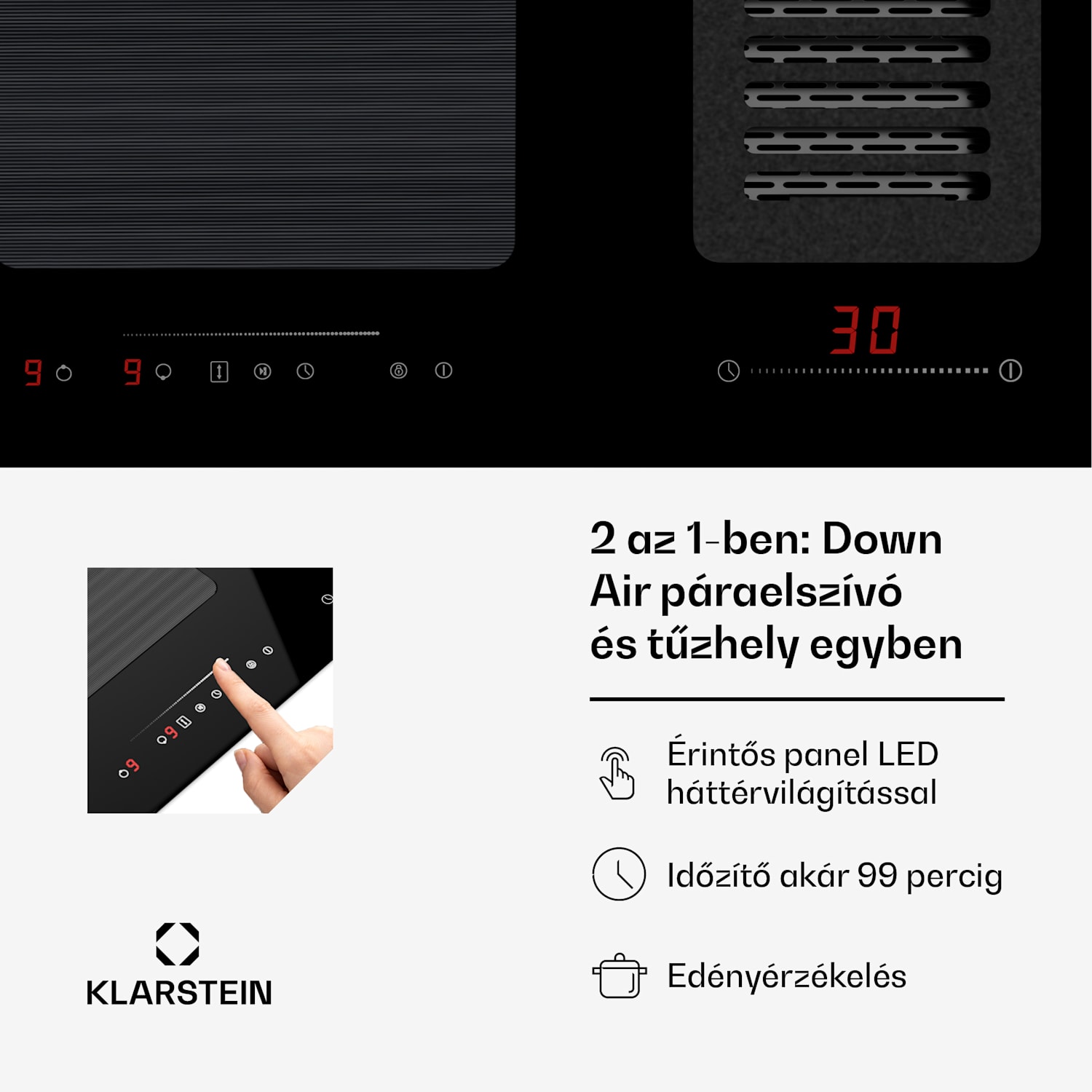 Full House 77 Down Air System, indukciós tűzhely + páraelszívó, 477 m³/h, A energiahatékonysági osztály 77 cm | Fekete