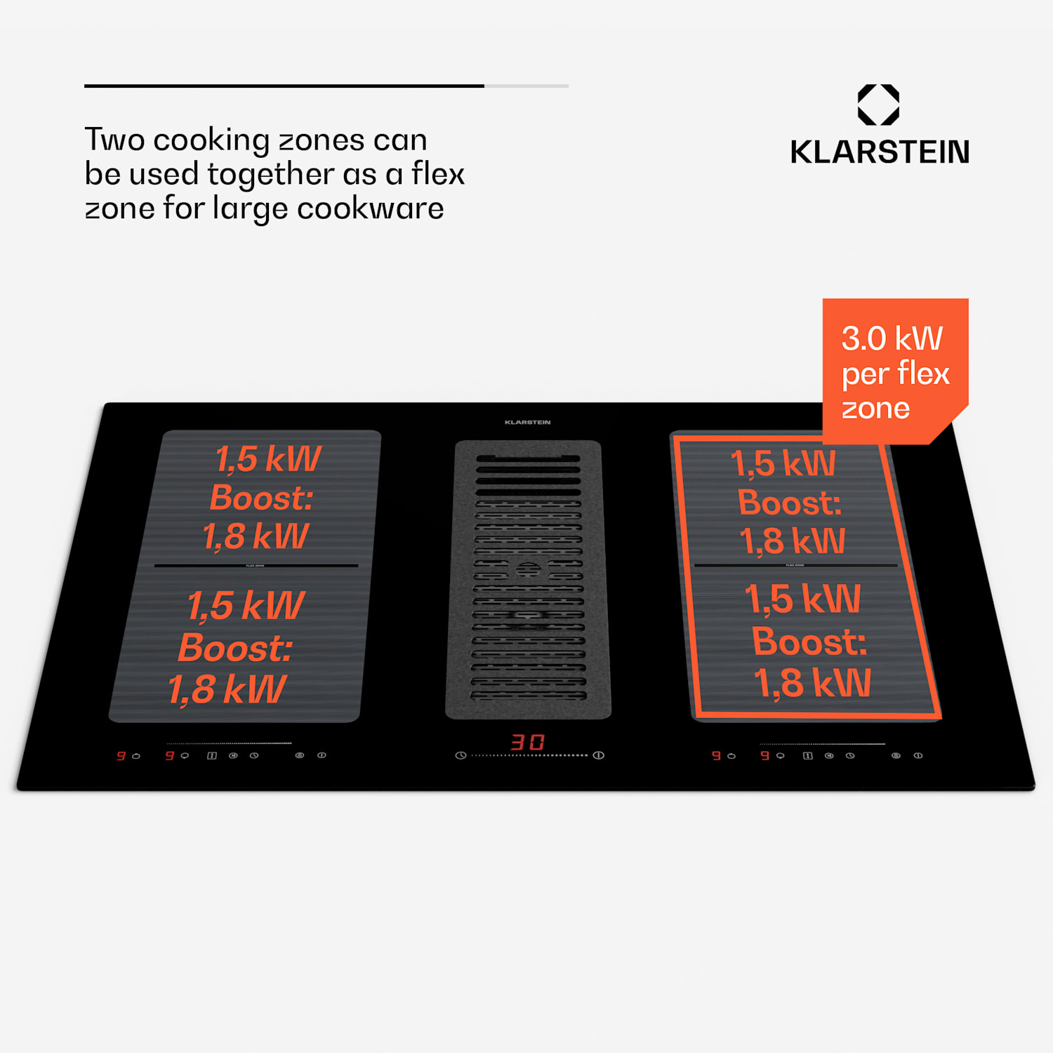 Full House 77 down air systeem inductiekookplaat + afzuigkap 477 m³/h EEC A 77 cm | Zwart