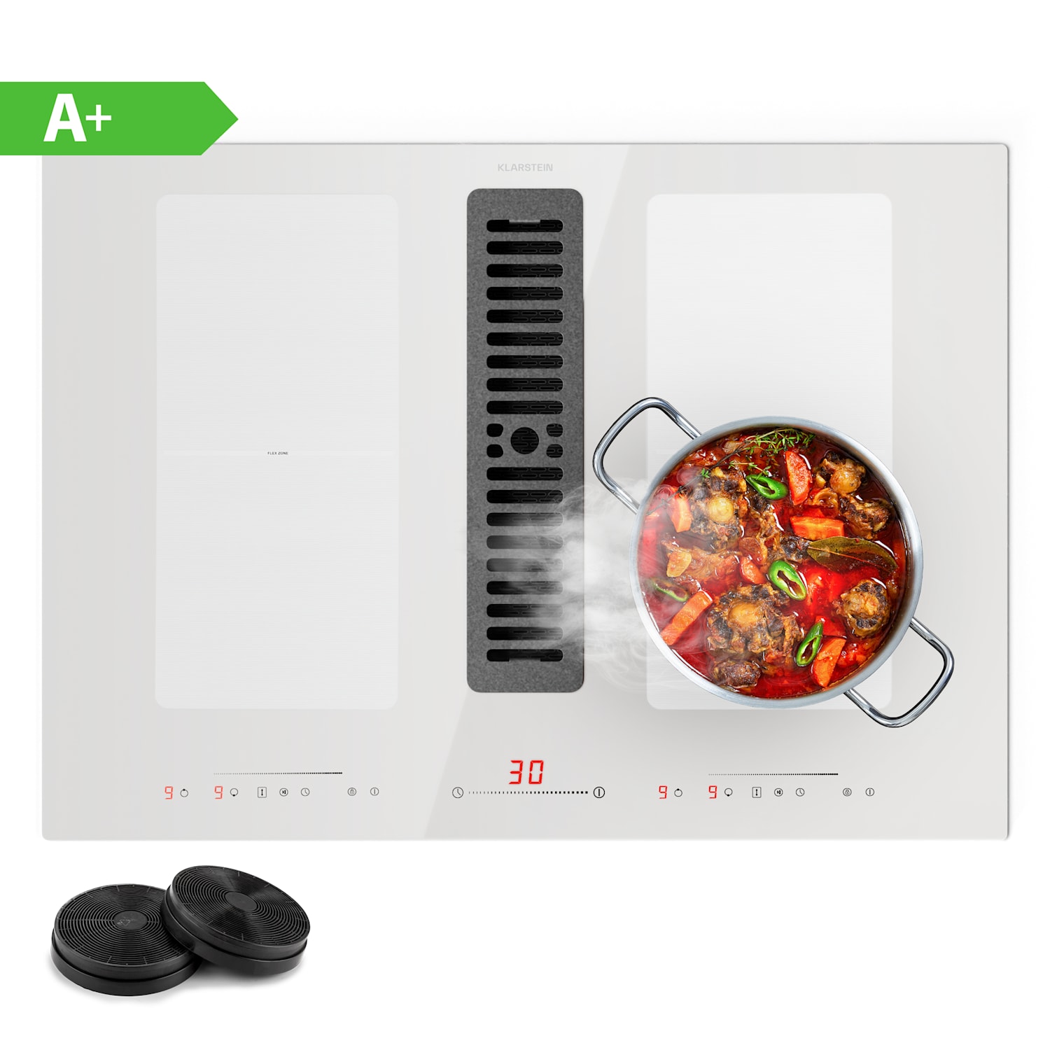 Full House 72 Down Air System, plită cu inductie + hota, 329 m³/h, CEE A 72 cm | Alb