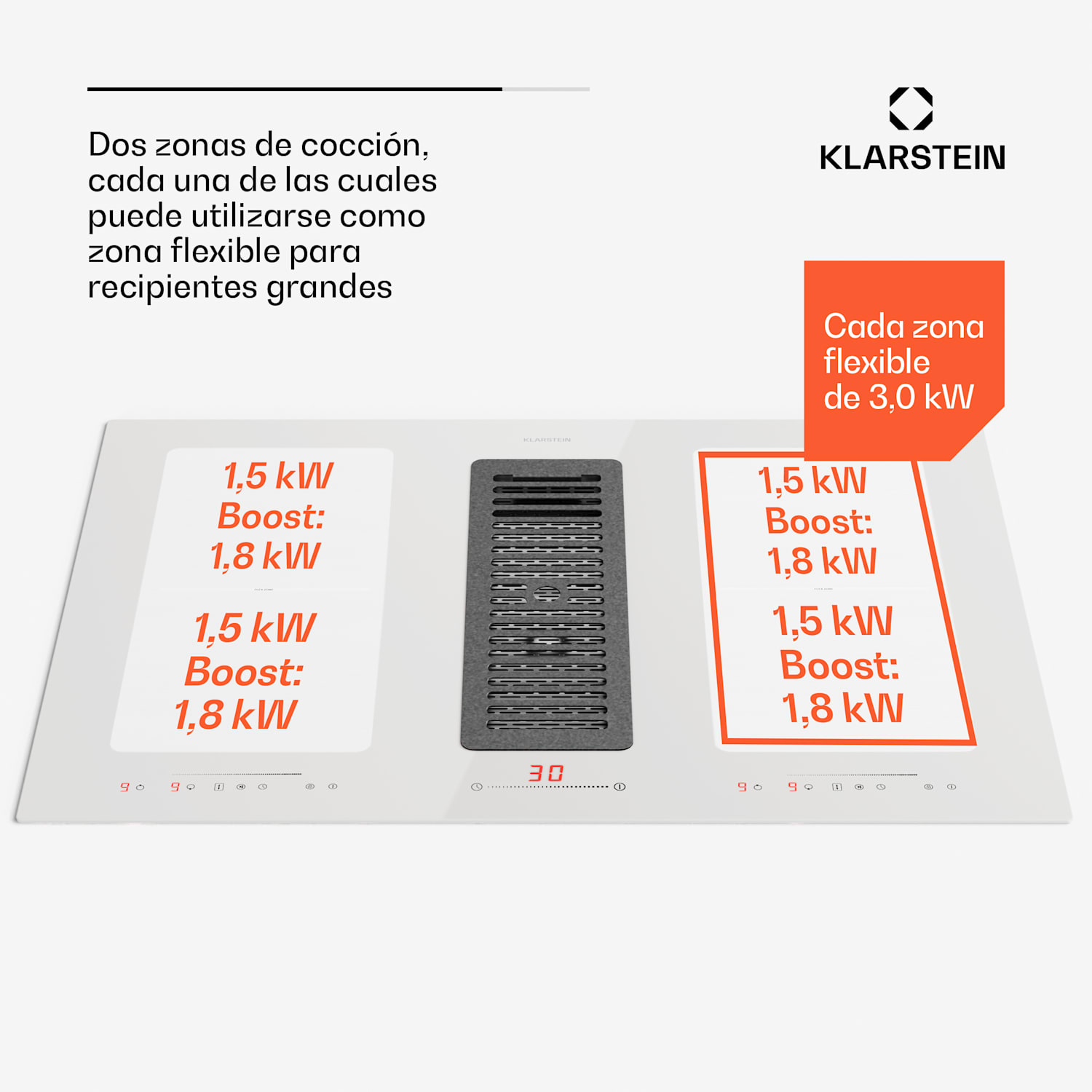 Cocina de inducción con sistema de aire descendente + campana extractora 477 m³/h EEC A 77 cm | Blanco