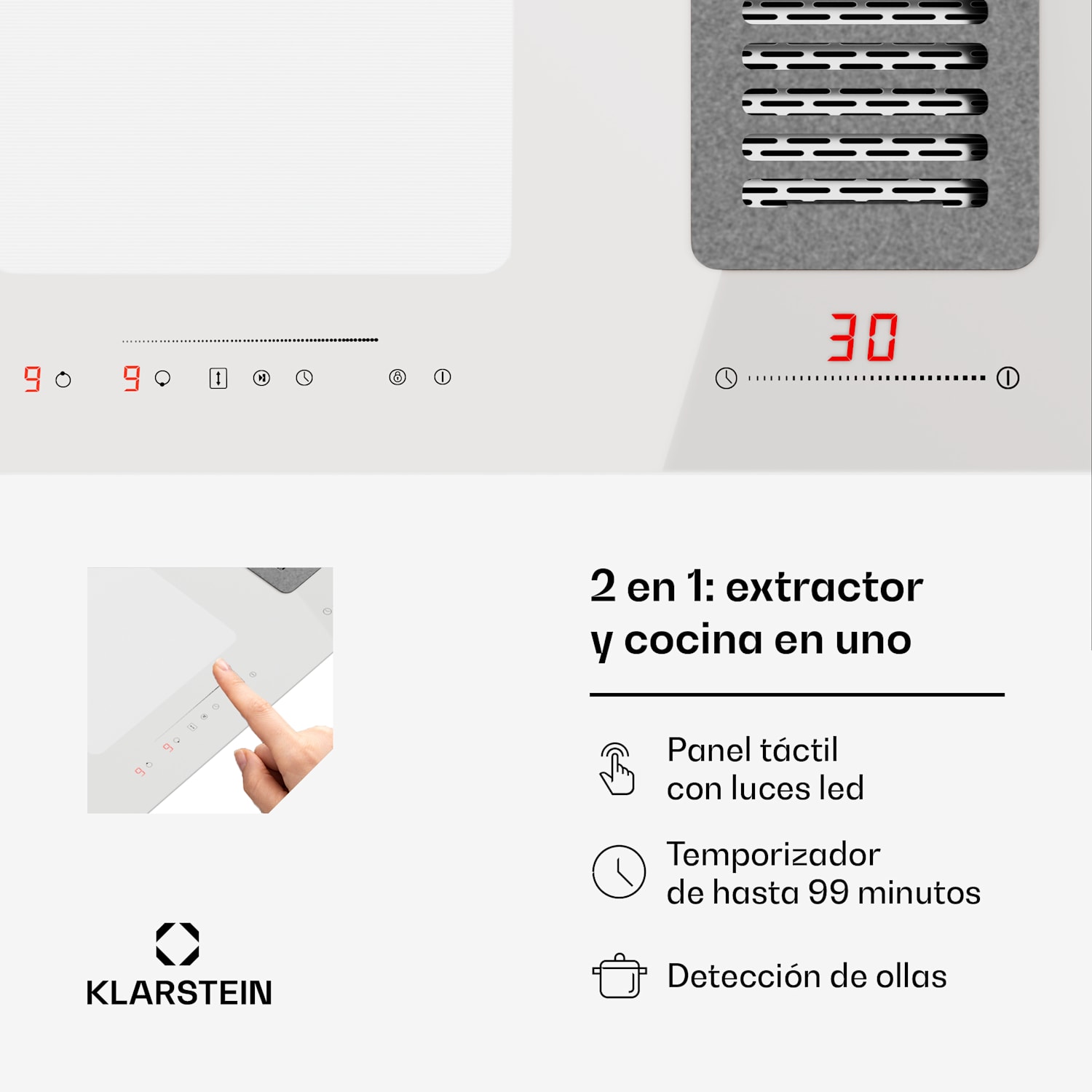 Cocina de inducción con sistema de aire descendente + campana extractora 477 m³/h EEC A 77 cm | Blanco