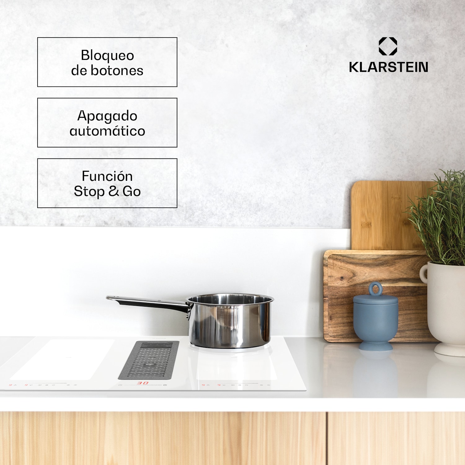 Cocina de inducción con sistema de aire descendente + campana extractora 477 m³/h EEC A 77 cm | Blanco
