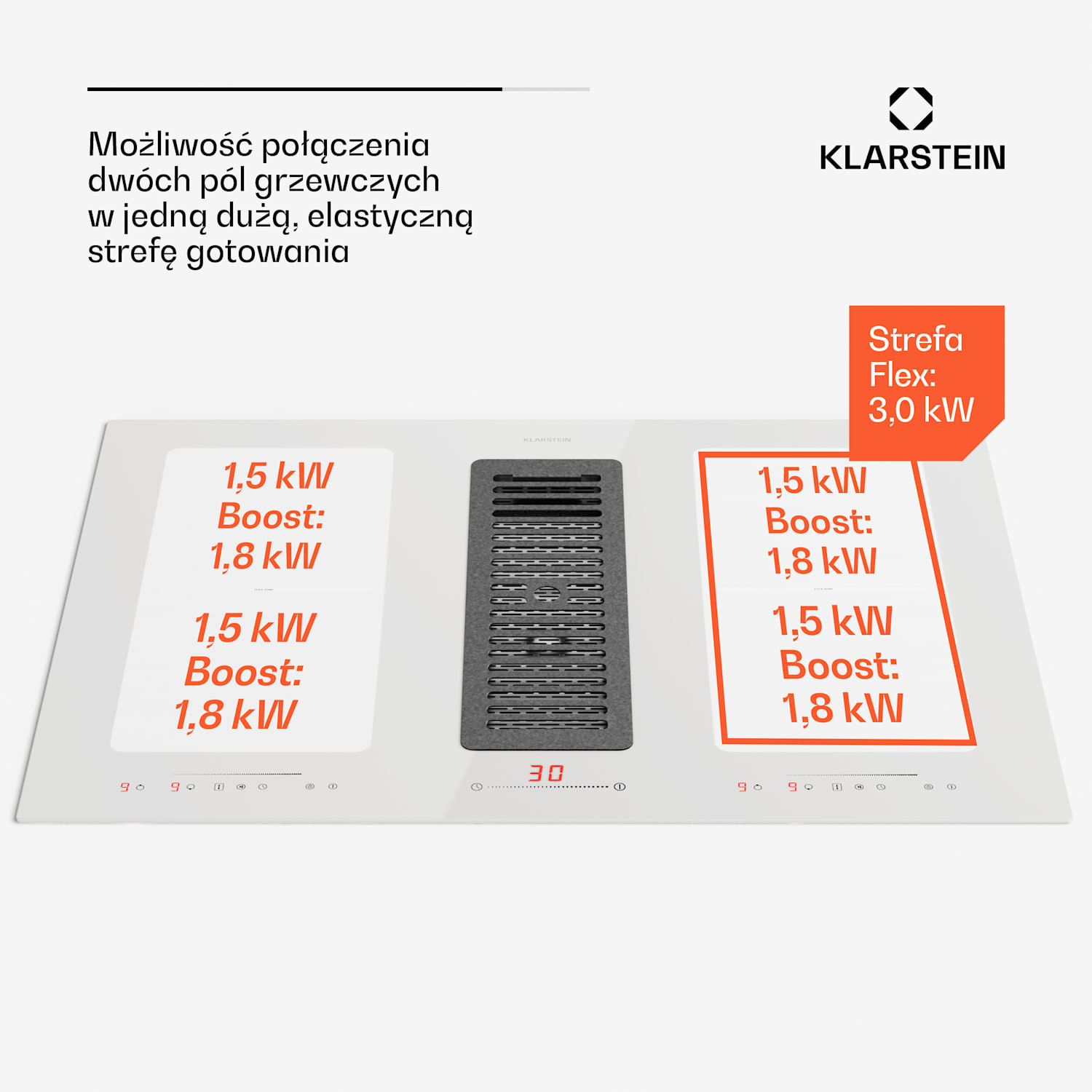 Full House 77, płyta indukcyjna z systemem down air + okap wyciągowy 477 m³/h, klasa efektywności energetycznej A 77 cm | Biały