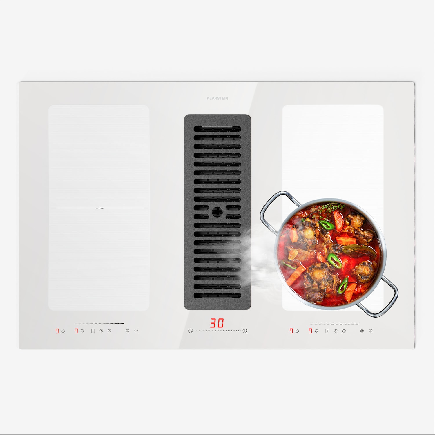 Full House 77 Down Air System, indukciós tűzhely + páraelszívó, 477 m³/h, A energiahatékonysági osztály 77 cm | Fehér