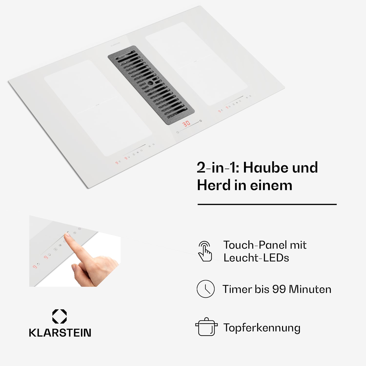 Full House 90 - Impianto Down Air con piano a induzione e cappa aspirante, 477 m³/ora, classe energetica A+ 90 cm | Bianco