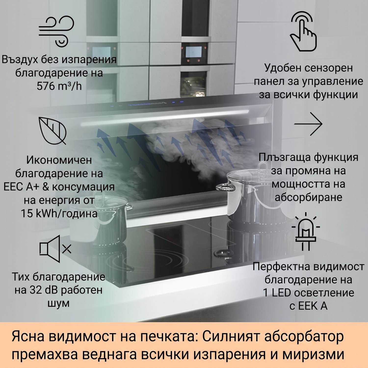 Royal Flush Eco 90, абсорбатор, 90 см, 576 м³ / ч, A +, бял 90 cm | Черно | Неръждаема стомана